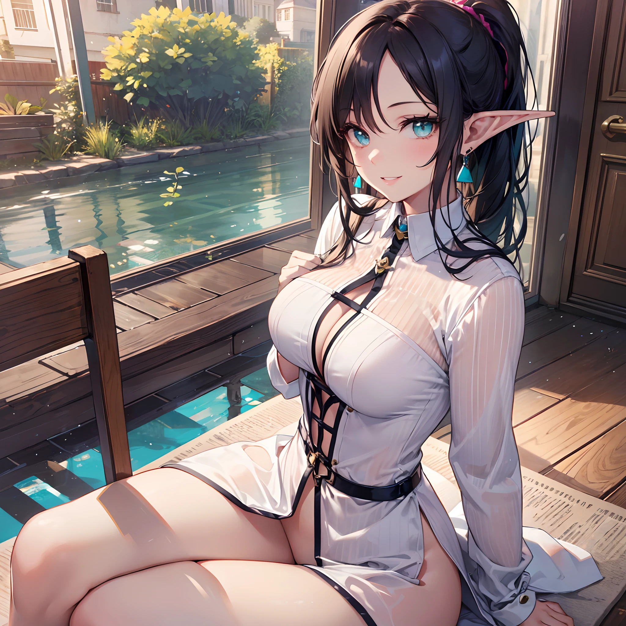 Realistic and detailed image of a semi-nude elf dressed in a long sleeved semi-buttoned shirt. She has long wavy black hair combed in a ponytail. Turquoise eyes. She has earrings, long eyelashes. She has full lips, smiling. Medium breasts, slim waist, very wide hips and thick thighs. breast view. Arched back. She is sitting at a table inside a house.