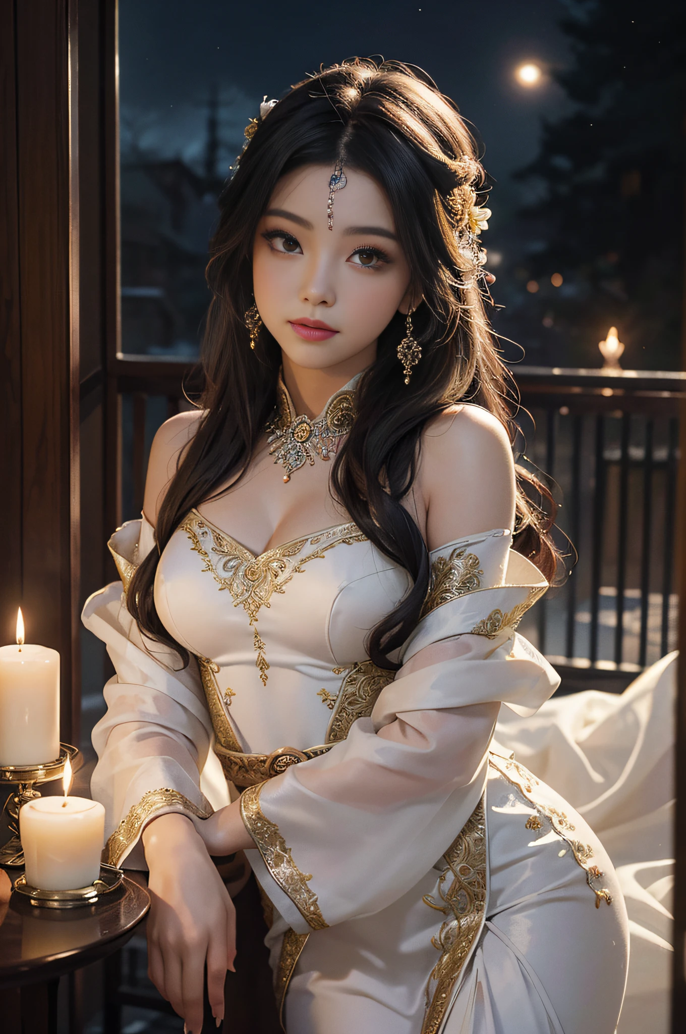 A arte retrata uma mulher encantadora vestida com um fluxo, silky traditional oriental dress decorated with intricate patterns and bright colors. Her dress drapes elegantly over her curvy figure, acentuando sua silhueta sedutora. Ela ficou graciosamente na tranquila noite de luar, banhado pelo brilho suave do luar. The scene exudes an ethereal and dreamy atmosphere, with a touch of mystery and sexiness. The graphic style blends watercolor and digital illustration techniques to evoke a refined beauty and charm. The candlelight is filled with soft moonlight, casting soft highlights and shadows on her charming features.