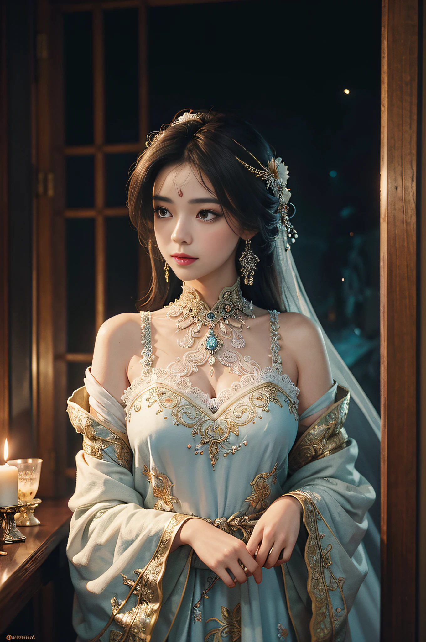 (((best quality))),(((ultra detailed))),(((masterpiece))),illustration,((1girl,Arabian dancer,solo)),(headcarf:1.3),((slim,thin)),((small breasts,flat chest)),((earrings,necklace)),((pearls,jewels,gemstones)),(night scene:1.3),(standing:1.3),(in luxurious palace:1.3),(indoor:1.3),(gorgeous embroidered Arabian sheer gown:1.3), intricate patterns,((Arabian theme,Middle Eastern culture)),(shoulder length straight hair:1.2),(sheer veil on face:1.3),mystery, ornate furnishings, decorations, enchantment, magic, Persian magic carpet,night sky, floating,(Aladdin's lamp:1.3), blue flame, fulfillment of desires,Open Sesame,door to the heart, candlelight, illumination, longing, romance, timeless love story, One Thousand and One Nights, coherent narrative, dreamlike atmosphere, deep emotions, graceful movements, passion, face beneath the veil, beloved's dream, timeless beauty, enchantment, tribute, magical world, wondrous journey,((from front,upper body))
