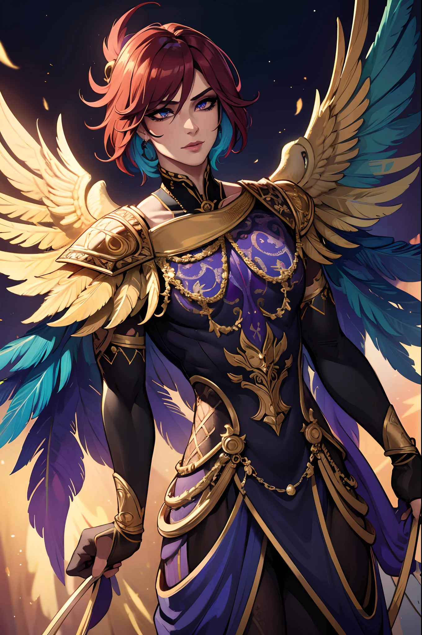 male, best quality, 4k, highres:1.2, ultra-detailed, realistic:1.37, vivid colors, studio lighting, shiny materials, magnificent feathers, sparkling details, intricate eye makeup, extravagant costume, regal posture, confident expression, dramatic lighting, vibrant colors, majestic atmosphere