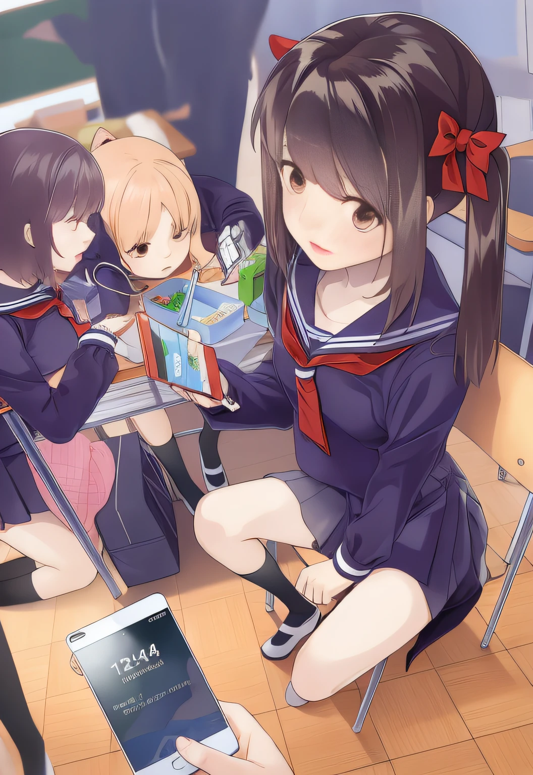 Anime girl sitting in chair，Mobile phone in hand, Edgeie anime style, Anime girls, Kantai collection style, eechi, visual novels CG, Beautiful Anime High School Girls, zerochan art, Smooth anime CG art, Edgee style, zerochan, at pixiv, Cute anime, High school girls, in style of kyoto animation