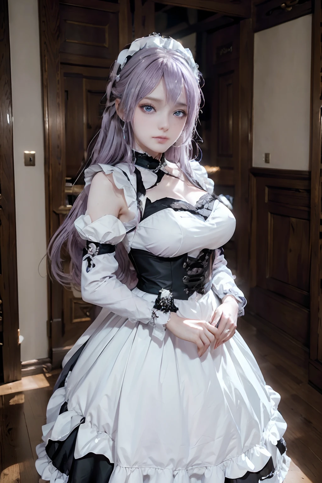 The woman, (European Citizenship: 1.2) In a black and white outfit posing for a photo, maiden! Dress, Anime Girl Cosplay, anime girl in a maid costume, The Magnificent Maiden, maid outfit, cosplay photo, cosplay, anime cosplay, A Few Cute Poses, (Face of the Goddess), (Elegant posture: 1.4), Elegant atmosphere, Noble atmosphere, (Milf: 1.6) (Pale purple hair: 1.5), (Cyan eyes: 1.4), (maidservant: 1.4), (Black and White Maid Outfit: 1.1), (Incredible beauty, High facial detail:1.3),