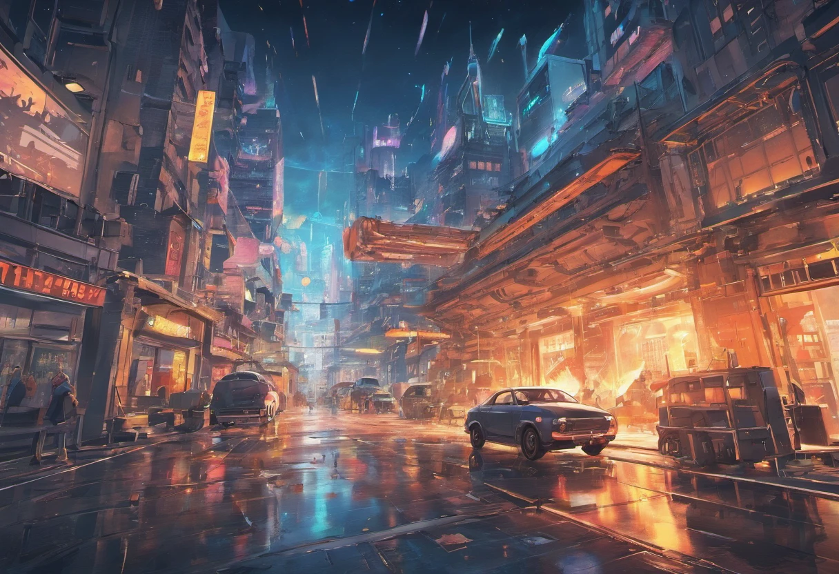 Scenery of a futuristic city in chaos, realista, 4k, ultra HD, destroyed car