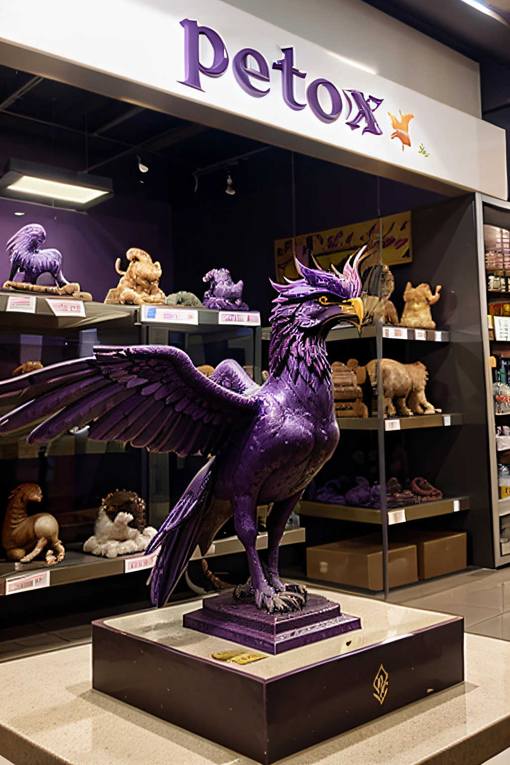 Statue of a purple phoenix in a pet shop