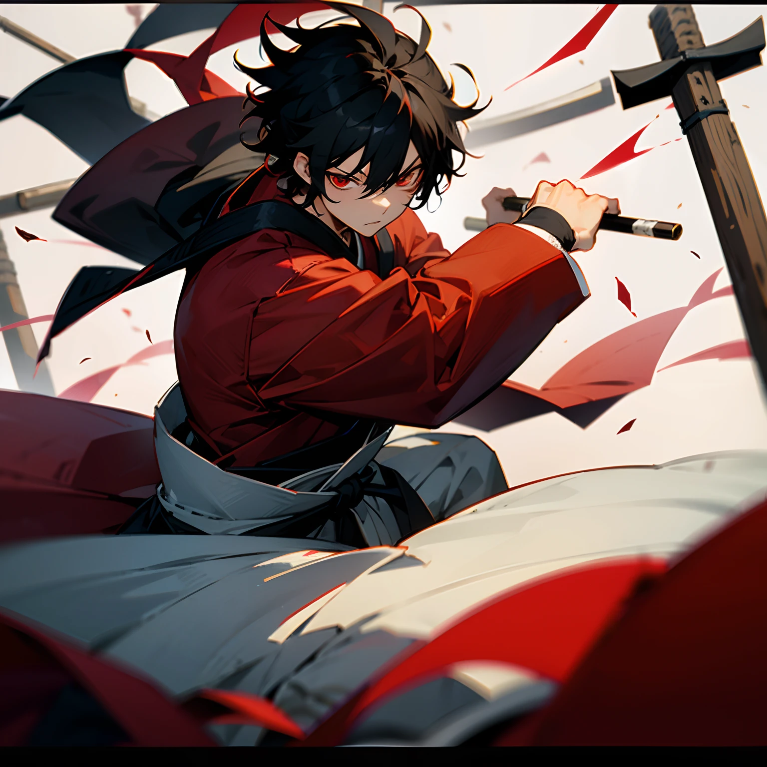 1male , Black hair , Black Martial Arts Gi , messy hair , Japanese Shrine Backrgound , red eyes