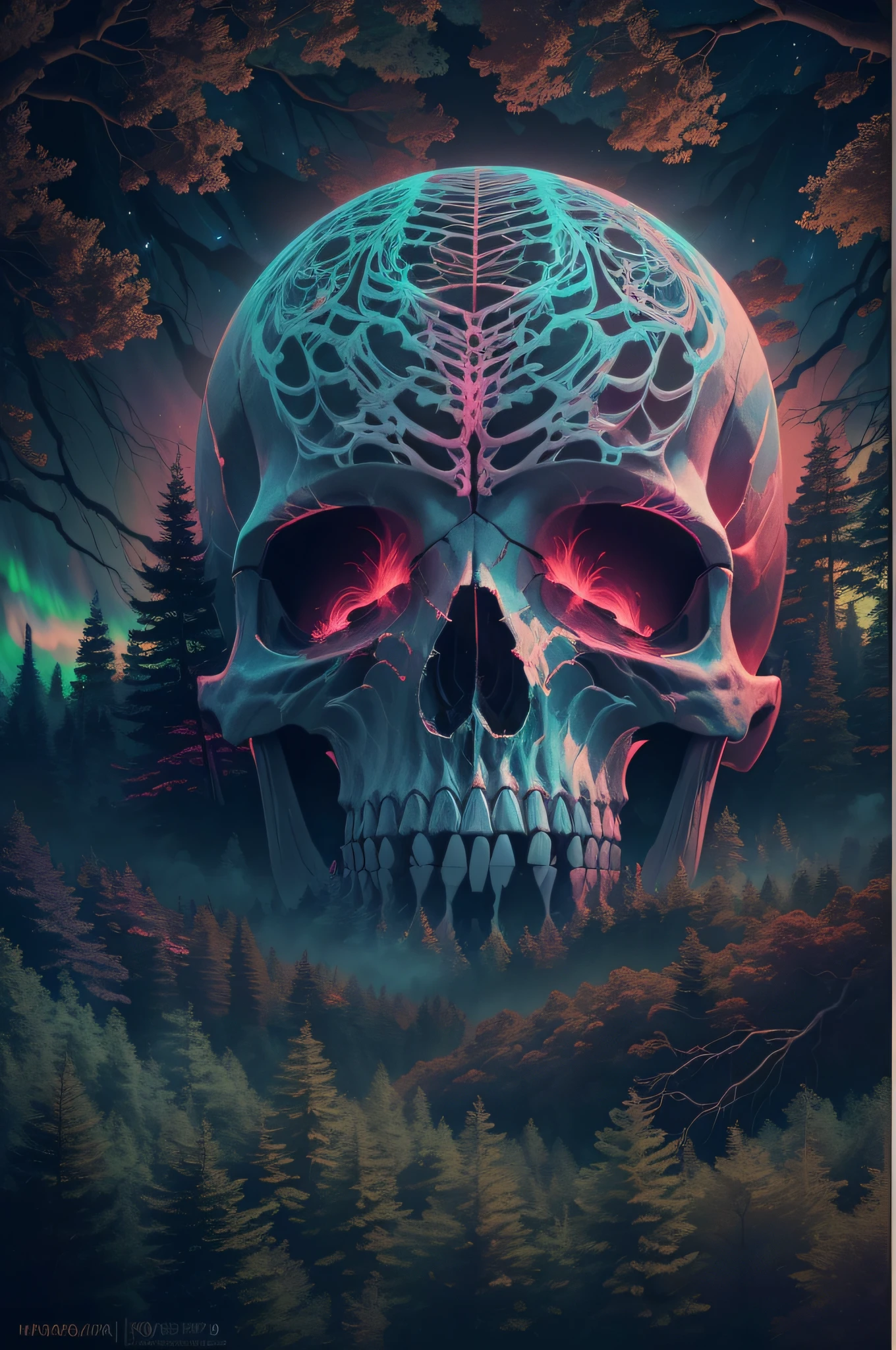 3D aurora skull diagram, Below is a forest, away looking,Skysky,brilliant colorful!horror movie poster,psychedelic style. ((Best quality,4K,8K,A high resolution,Masterpiece:1.2)),((super ultra detail)),((Realistic,Photorealistic,photo-realistic:1.37))。