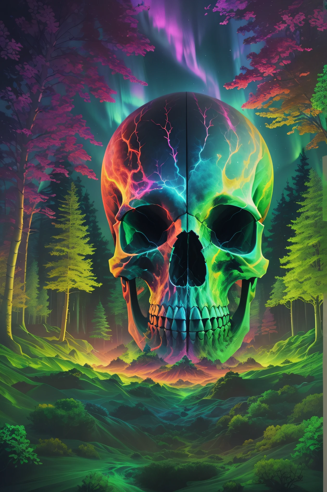 3D aurora skull diagram, Below is a forest, away looking,Skysky,brilliant colorful!psychedelic style. ((Best quality,4K,8K,A high resolution,Masterpiece:1.2)),((super ultra detail)),((Realistic,Photorealistic,photo-realistic:1.37))。