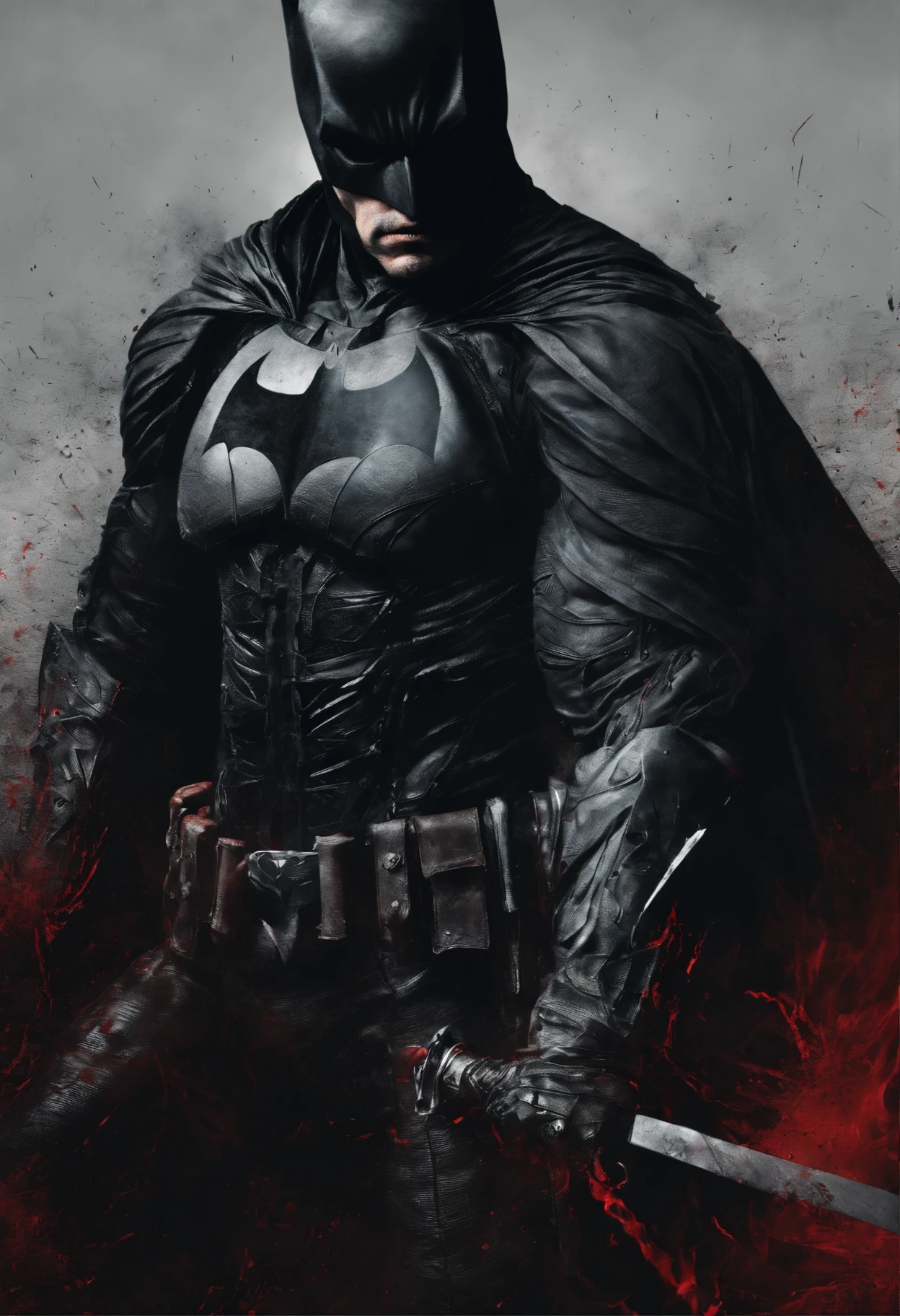 (best quality,highres,masterpiece:1.2),ultra-detailed,(realistic:1.37),Batman,full body,detail-rich eyes and face,combat stance,holding a red dagger,physically-based rendering,sharp focus,vivid colors,dark and moody lighting,noise reduction,gritty and dramatic art style