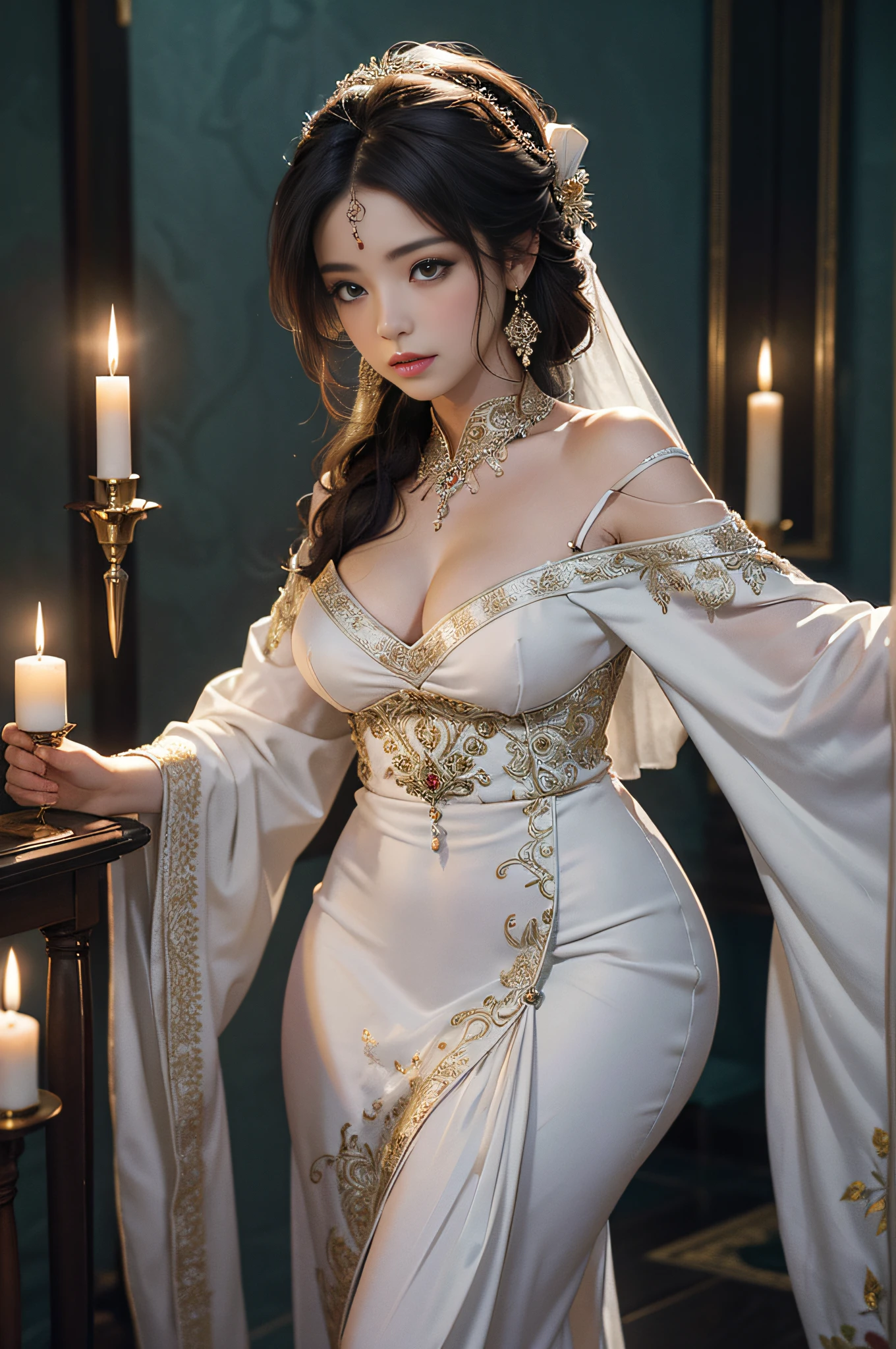 A arte retrata uma mulher encantadora vestida com um fluxo, silky traditional oriental dress decorated with intricate patterns and bright colors. Her dress drapes elegantly over her curvy figure, acentuando sua silhueta sedutora. Ela ficou graciosamente na tranquila noite de luar, banhado pelo brilho suave do luar. The scene exudes an ethereal and dreamy atmosphere, with a touch of mystery and sexiness. The graphic style blends watercolor and digital illustration techniques to evoke a refined beauty and charm. The candlelight is filled with soft moonlight, casting soft highlights and shadows on her charming features.