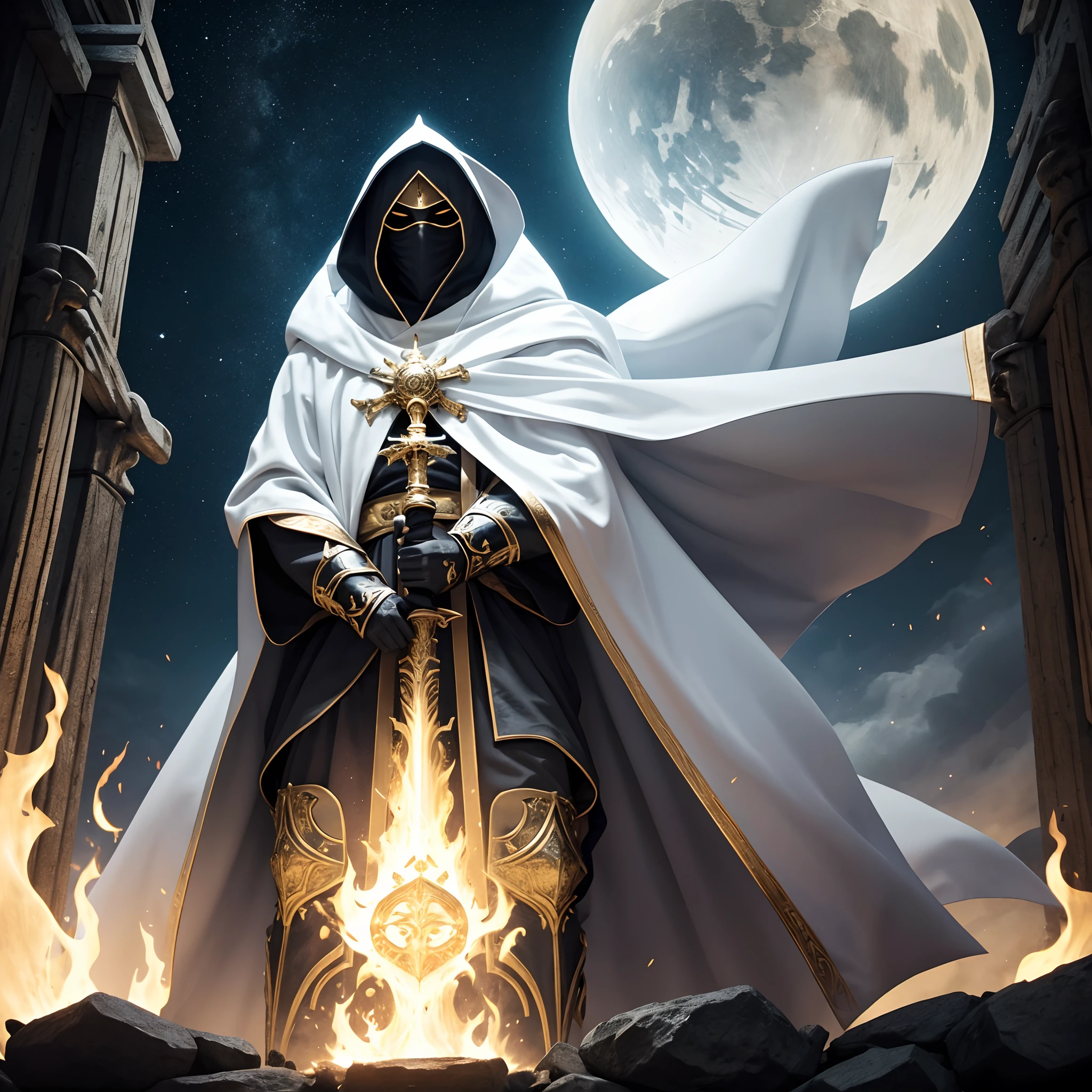 full body low angle shot of an intimidating male unarmored holy warrior with a large flowing white cloak with hood wearing a black and golden clothes and wielding a two-handed greatsword burning with golden flames standing on top of a castle tower on a starry night, man, ritualistic mask, long white cloak, shining white eyes, low angle, highly detailed, divine aspect, masked a porcelain mask, face covered with a mask