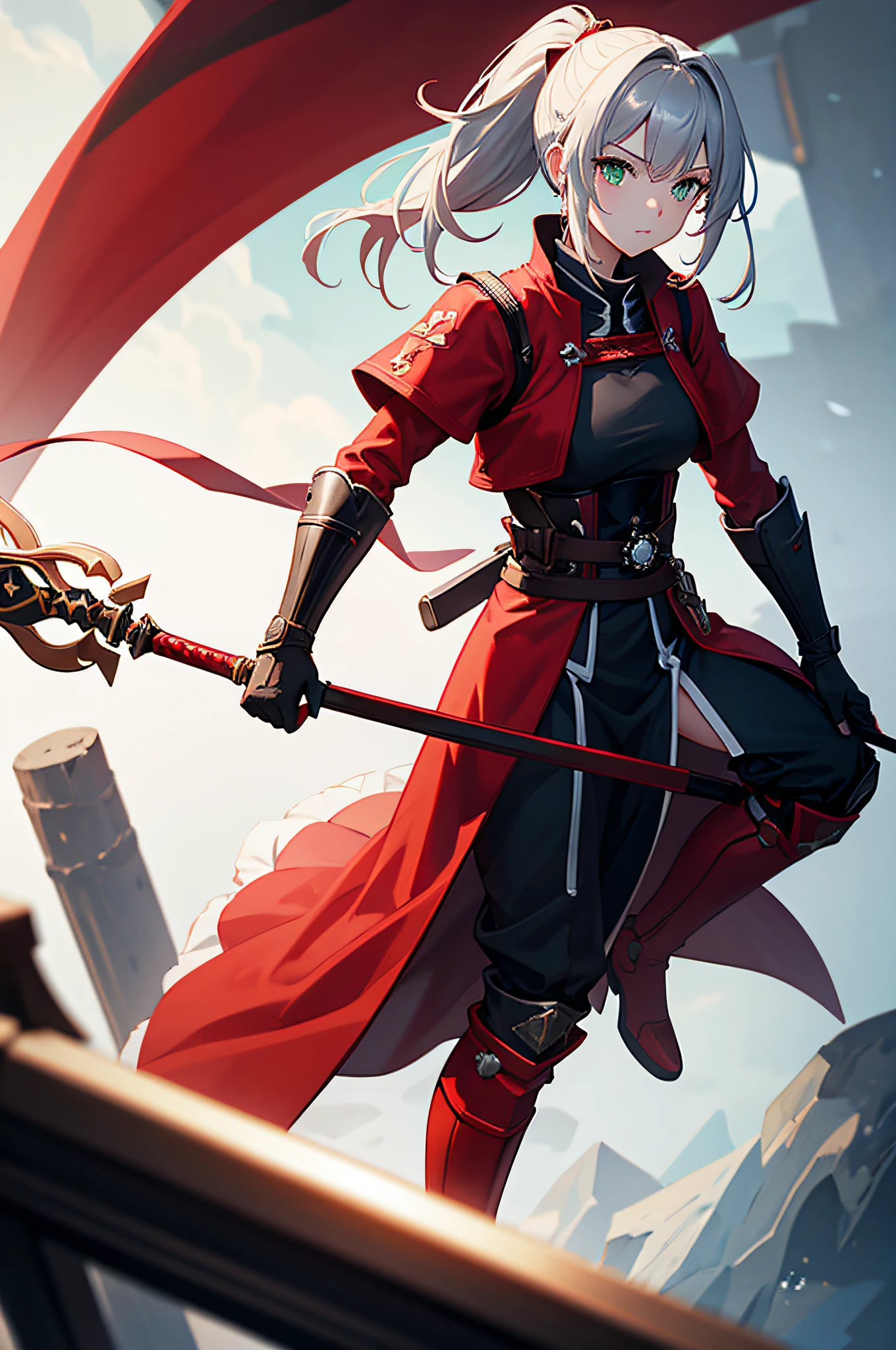 4k,hight resolution,One Woman,greyt hair,Short ponytail,Green eyes,Red Hero's Clothing,White samurai armor,Long red gloves,Long red boots,Black spats,Excalibur