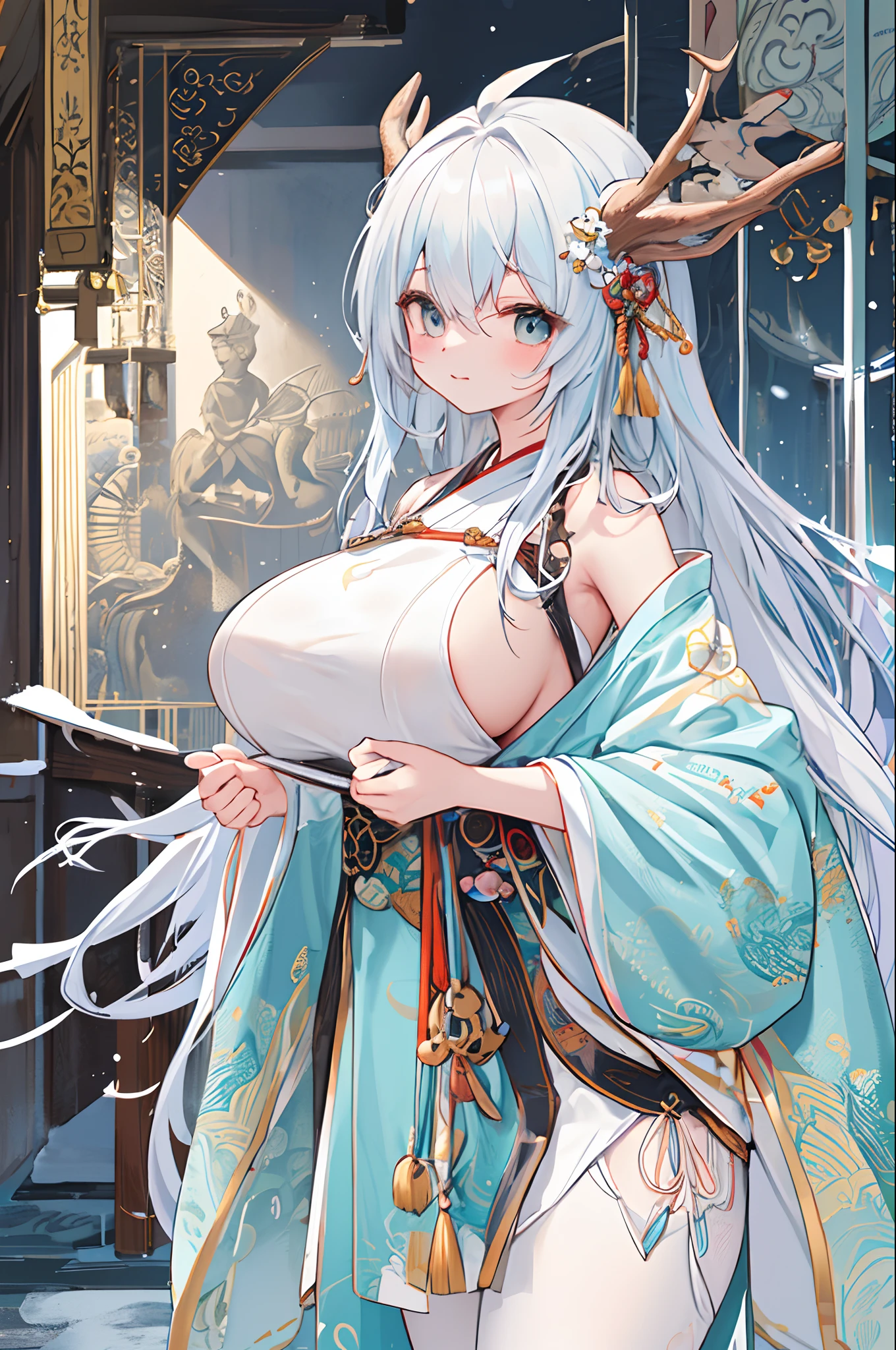 Foiled text,Dragon's horn,deer antlers,Portrait,Realistic effect,female pervert,White-haired girl,Messy hair,ancient wind,cyan colors,cyan colors,Cyan Hanfu(With delicate and mysterious antique patterns),high-heels,The expression after the climax,winning artwork,Silhouette effect,Epic composition,Stand in front of a window with falling snow(ancient wind),(Antique background)Need,8k,The human body light and shadow effect is three-dimensional,Delicate face,(in the darkness nigth:1.6),Fantasyart,photographrealistic,动态照明,artstation,poster for,Volumetriclighting,Very detailed faces,4 k,Award-Awarded, low key, cowboy shot, (Hanfu:1.4), long whitr hair,(The are super huge))),(((super huge breasts))),Side breasts,Lower breast,cropped shoulders,鎖骨,lacepantyhose,nabel,Lower chest,(huge tit)