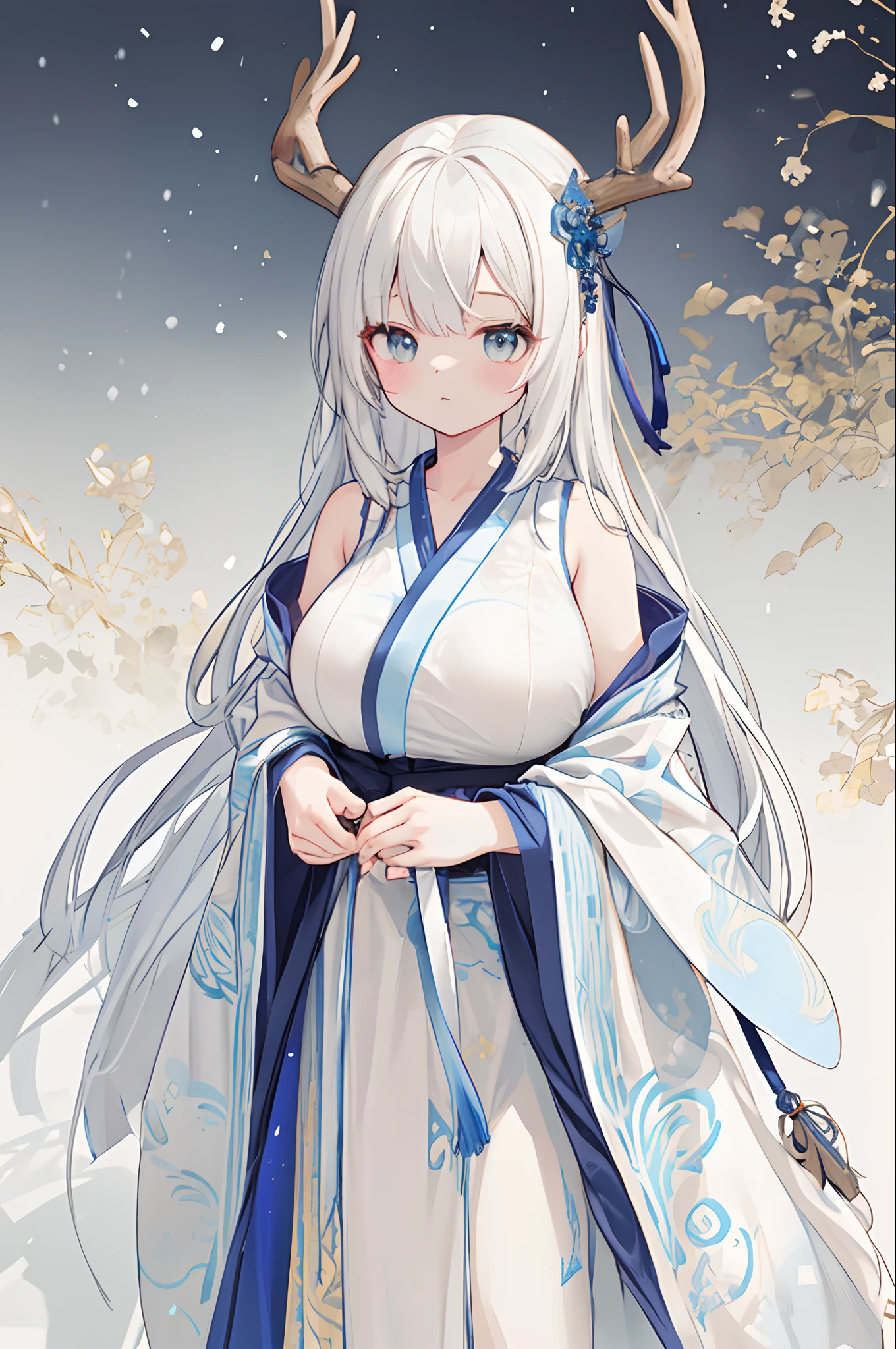 Foiled text，Dragon's horn，deer antlers，Portrait，Realistic effect，female pervert，White-haired girl，Messy hair，ancient wind，cyan colors，cyan colors，Cyan Hanfu(With delicate and mysterious antique patterns)，high-heels，The expression after the climax，winning artwork，Silhouette effect，Epic composition，Stand in front of a window with falling snow(ancient wind)，(Antique background)Need，8k，The human body light and shadow effect is three-dimensional，Delicate face，（in the darkness nigth：1.6），Fantasyart，photographrealistic，动态照明，artstation，poster for，Volumetriclighting，Very detailed faces，4 k，Award-Awarded, low key, cowboy shot, (Hanfu:1.4), long whitr hair,(The are super huge)))，(((super huge breasts)))，Side breasts，Lower breast，cropped shoulders，鎖骨，lacepantyhose，nabel，Lower chest，(huge tit)