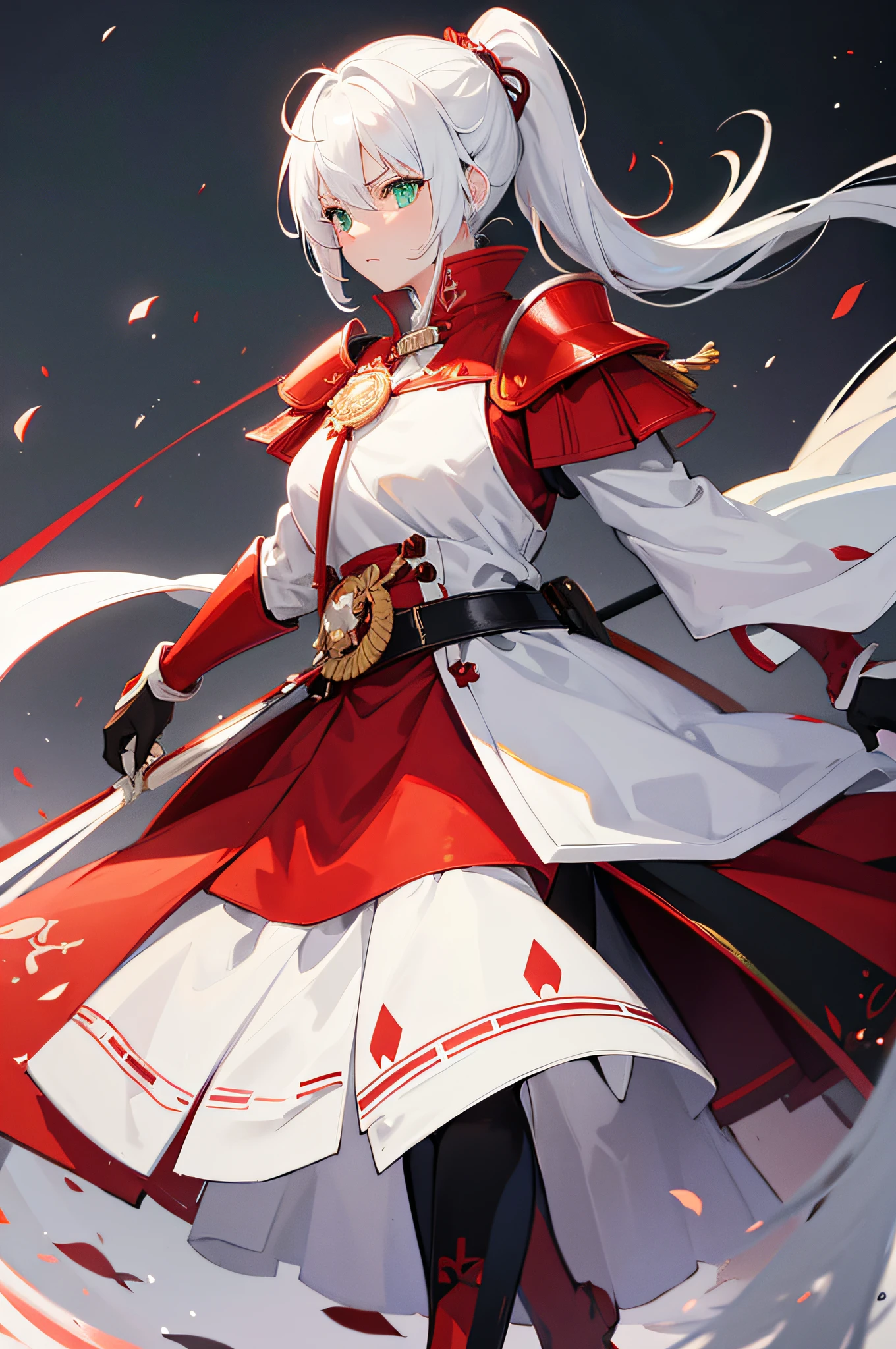 4k,hight resolution,One Woman,White hair,Short ponytail,Green eyes,Red Hero's Clothing,White samurai armor,Long red gloves,Long red boots,Black spats,Excalibur