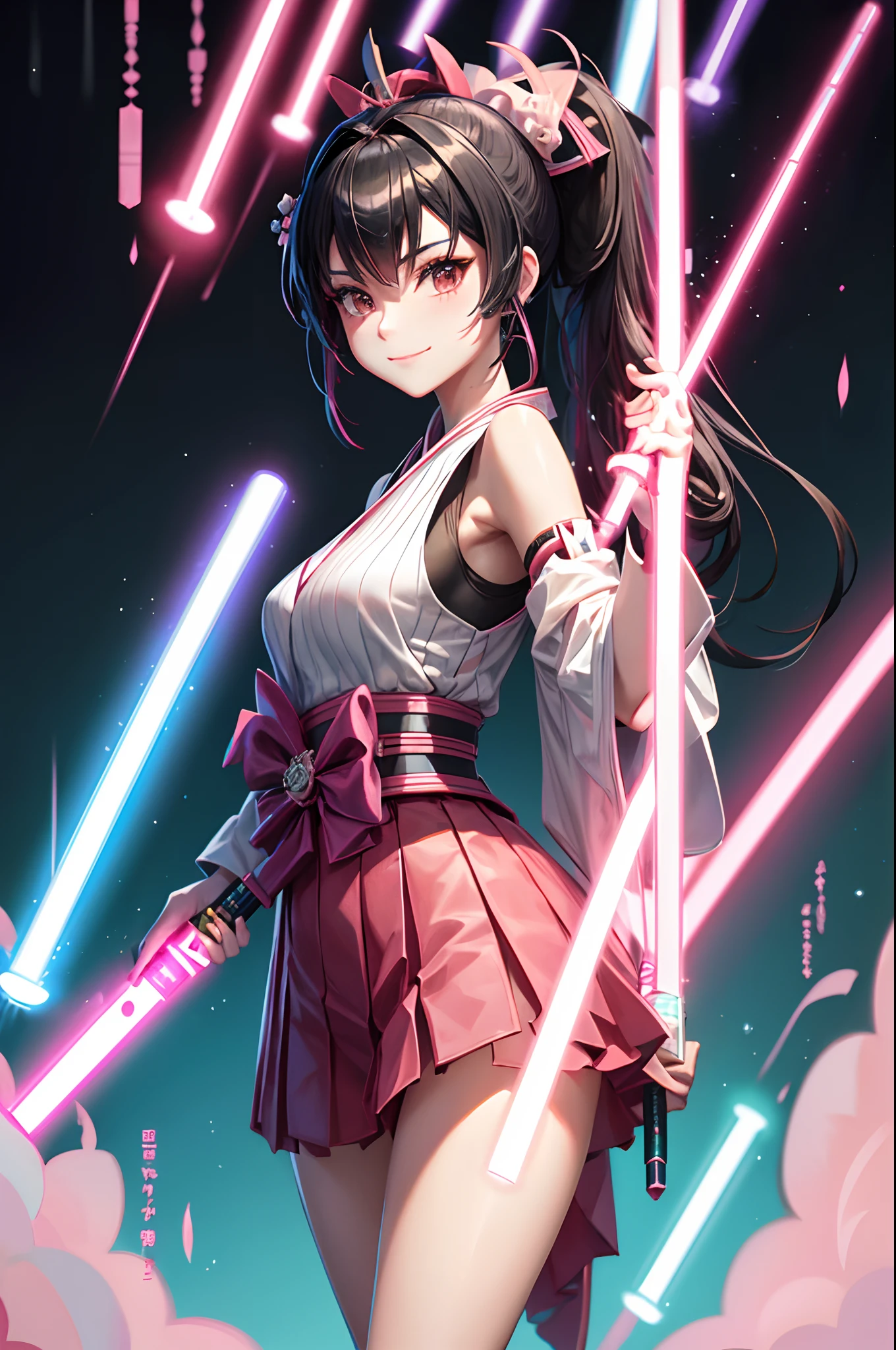 Beautiful girl in feminine samurai armor, Black hair, Ponytail, Beat Saber, Smile, Holding a pink lightsaber and a blue lightsaber in both hands, Long legs, full bodyesbian, Visible to the tip of the lightsaber、