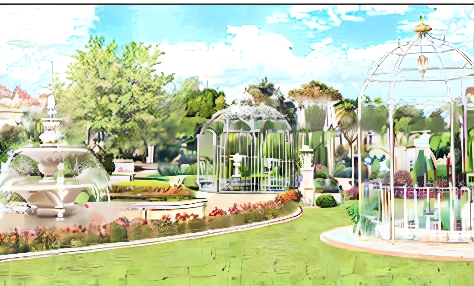 There is a drawing of a garden with a fountain and gazebo, paisagem do jardim real, Parques e Jardins, Jardins e fontes, Parque da Cidade com Flores, renderizado, Jardins Celestiais, conceptual rendering, Os jardins turbulentos da imperatriz, rendering of beauty pageant, Detailed rendering, French Garden, Foto de 2022, botanic garden, a digital rendering, avatar para o site