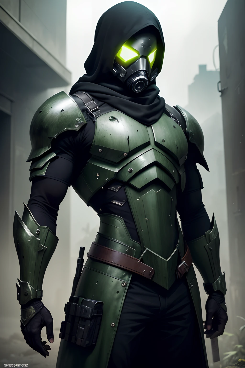 (melhor qualidade,Realistic:1.37),A man with a black gas mask covering his entire face,Um homem em uma armadura preta com apenas alguns detalhes verdes,illustration,armadura detalhada,figura encapuzada,menacing presence,atmosfera sombria,eerie lighting,textura arenosa,vibe misteriosa,detalhes em verde,fundo mal iluminado,ominous tone,urban backdrop,post apocalyptic theme,dystopian future,elementos steampunk,worn appearance,heavy breathing,threatening posture,atmosfera de pressentimento,bordas afiadas,unique design,Highly detailed mask,natureza sinistra,menacing aura,visage enegrecido,armadura elegante,contraste marcante,Ominous shadows,Acentos verdes na armadura,Ambiente escuro e misterioso,aesthetic composition,impacto visual marcante,dramatic color palette,toques sutis de verde,contraste preto e verde marcante,harsh lighting,presence of foreboding,Subtle hints of decay,int