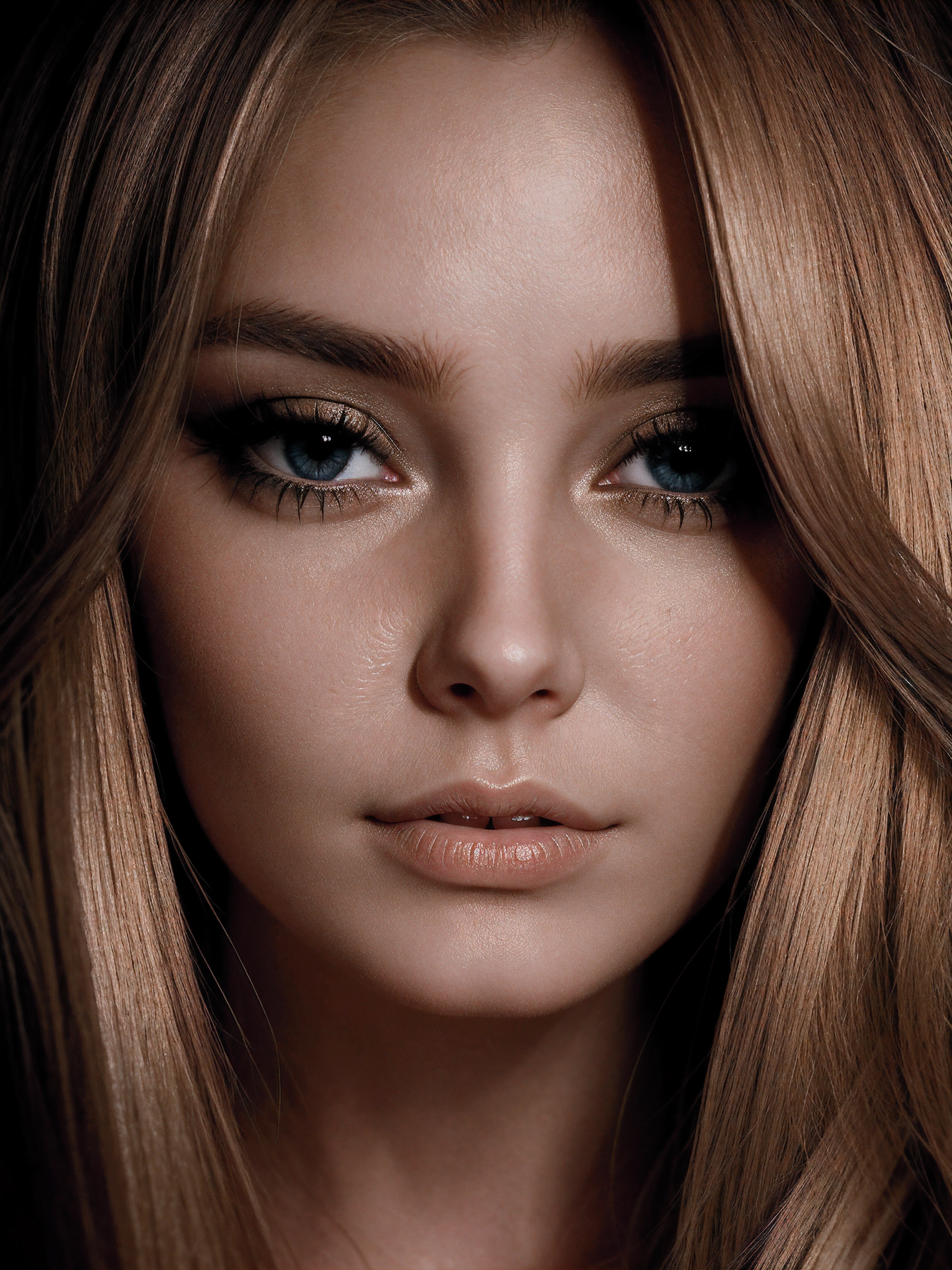 a closeup dark shot photo of a blonde with perfect eyes,