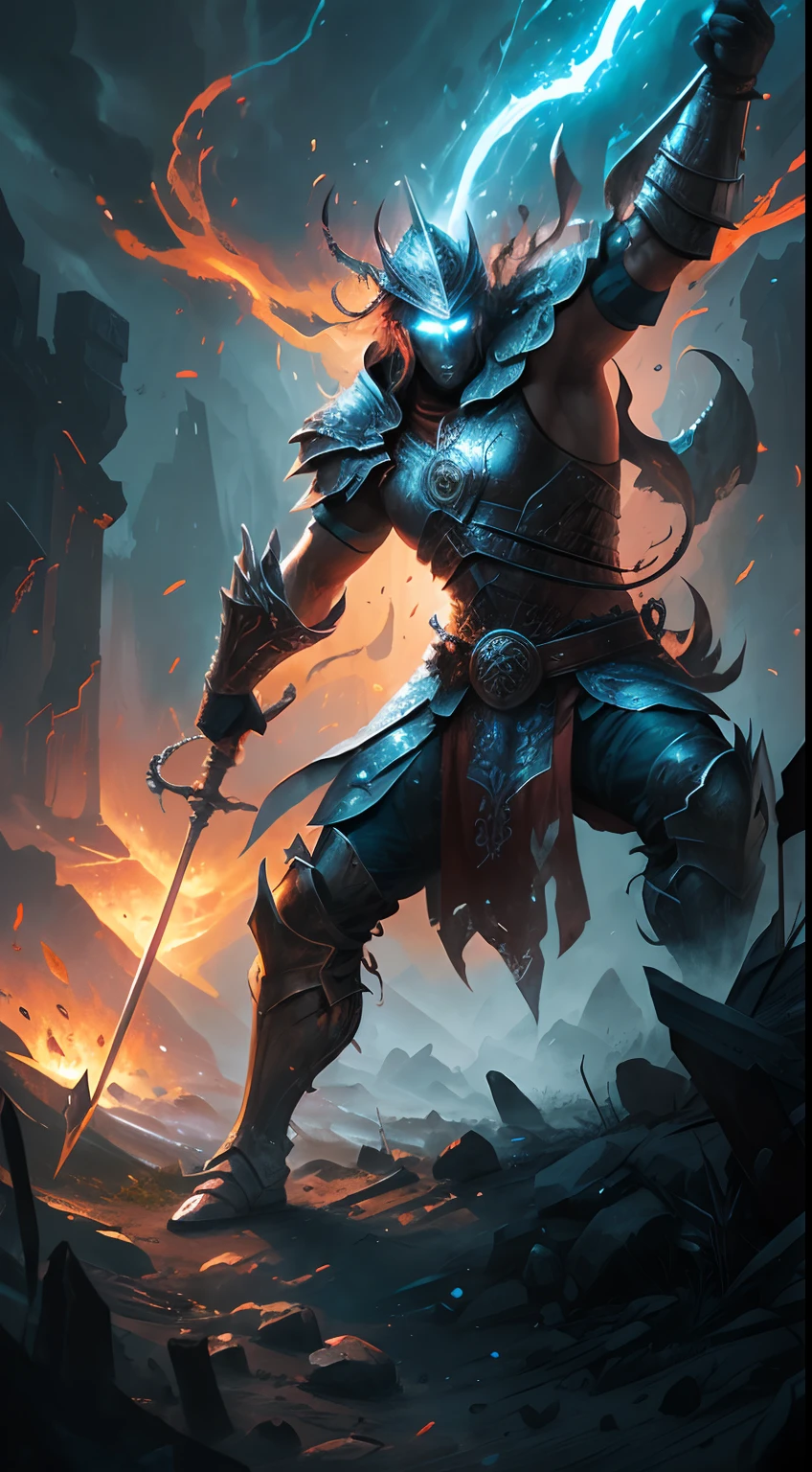 (best quality,4k,high resolution:1.2),HDR, warrior holding a spear, action pose,digital painting,detailed armor and weapon, fierce expression,vibrant colors,strong lighting, dramatic composition, epic battle scene, fantasy setting, dynamic brushstrokes