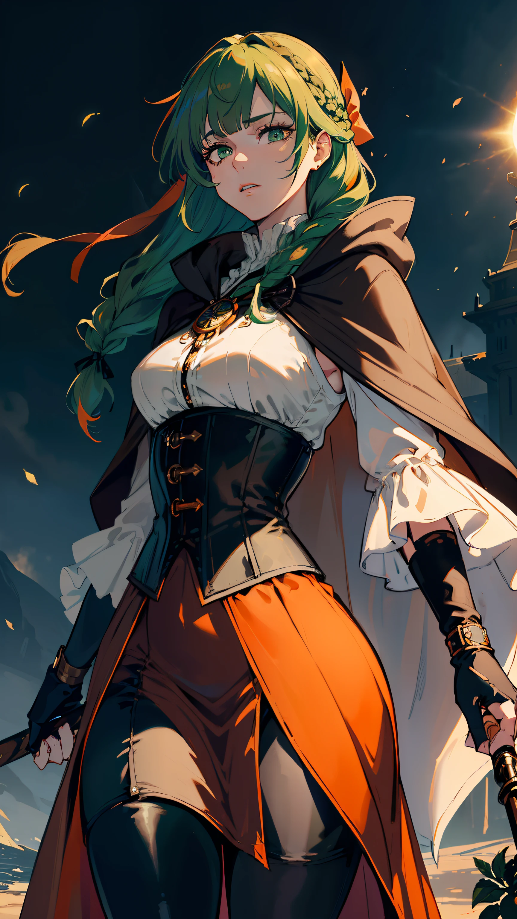 masterpiece, ultra detailed, 8k portrait, RAW photo, portrait photography, highly detailed face, beautiful and meticulous eyes, ((Fantasy)), Young beautiful, 22 years old, dynamic pose, (((Long Straight deep green hair))), ((one side braided with orange hair ribbon)), blunt bangs, White skin color, Luxury, hooded (((dark brown))) (((silk long cloak))) fluttering in the wind, (((dressed shirt))), (((silk maxi skirt))), leather corset, (((dark thigh high tights))), high cut leather boots, (((lift up long magical staff))), ((equip a pocket watch)), Midday Sun, hyper realistic, Body model, Small breasts, Beautiful breasts, Long legs, in the castle, Ambient lighting, Shadow details , Camera focus on face, strong breeze, Light fog
