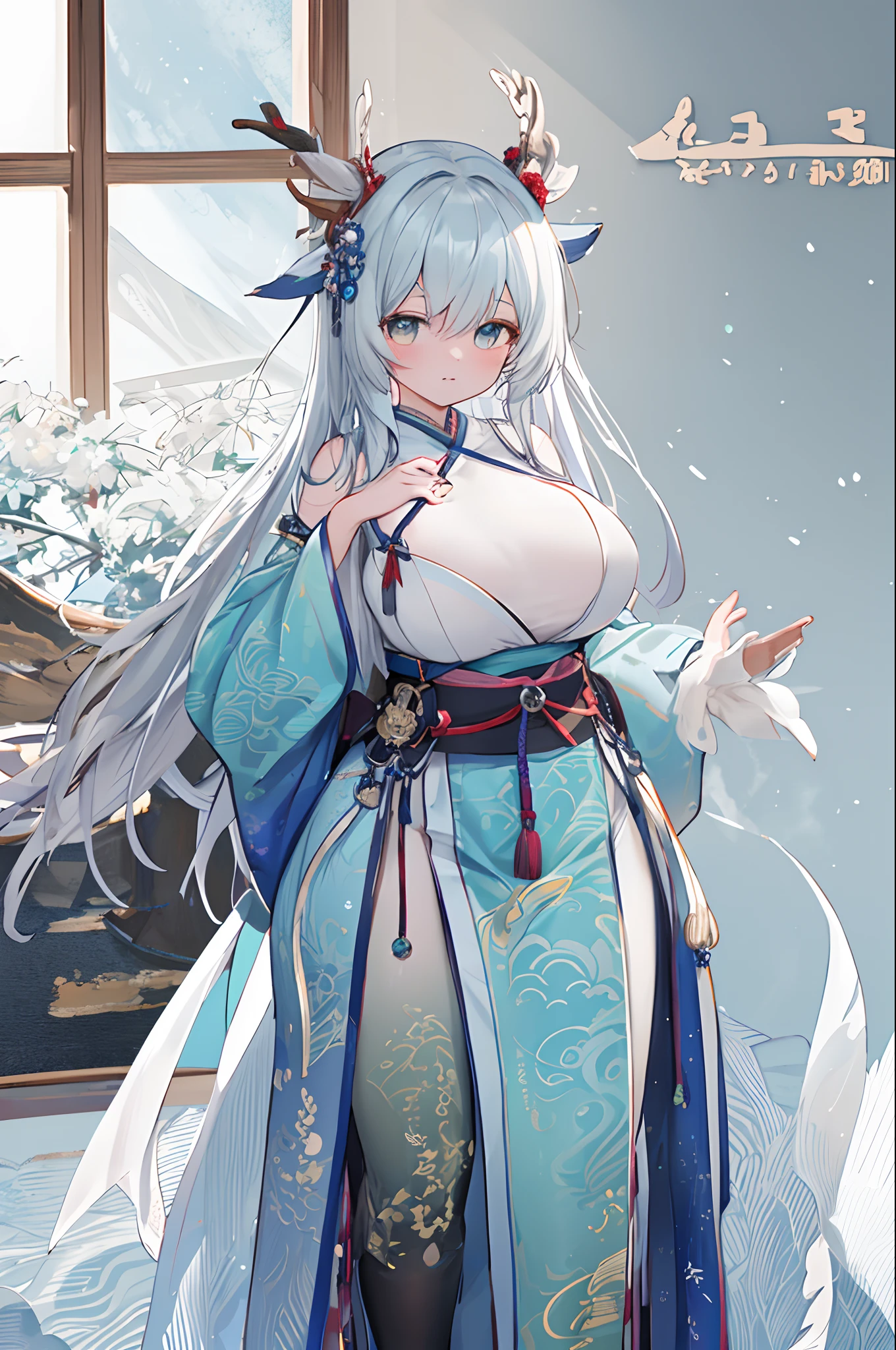 Foiled text,Dragon's horn,deer antlers,Portrait,Realistic effect,female pervert,White-haired girl,Messy hair,ancient wind,cyan colors,cyan colors,Cyan Hanfu(With delicate and mysterious antique patterns),high-heels,The expression after the climax,winning artwork,Silhouette effect,Epic composition,Stand in front of a window with falling snow(ancient wind),(Antique background)Need,8k,The human body light and shadow effect is three-dimensional,Delicate face,(in the darkness nigth:1.6),Fantasyart,photographrealistic,动态照明,artstation,poster for,Volumetriclighting,Very detailed faces,4 k,Award-Awarded, low key, cowboy shot, (Hanfu:1.4), long whitr hair,(The are super huge))),(((super huge breasts))),Side breasts,Lower breast,cropped shoulders,鎖骨,lacepantyhose,nabel,Lower chest,(huge tit)