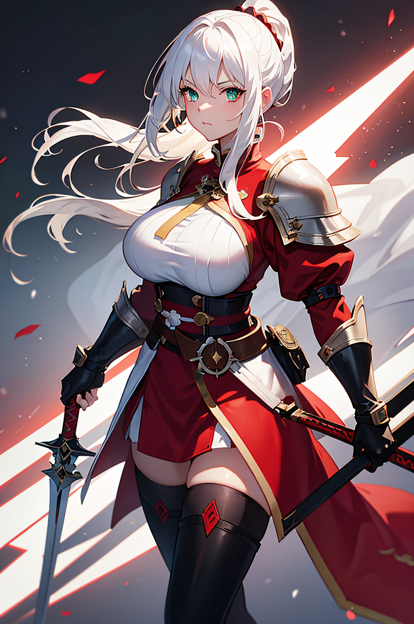 (high quality,4k,8k,highres,masterpiece:1.2), detailed and vivid depiction of a (beautiful,detailed) woman wearing a festive Christmas outfit, with a red Santa hat adorning her head. She is adorned with (shields,shield) and carries a large sword on her back. In addition, she wields a gigantic axe in her hands, showcasing her strength and power. The woman portrays the essence of a fierce warrior with a touch of holiday cheer. The image should exude the atmosphere of an MMORPG (massively multiplayer online role-playing game), with a fantasy theme. The woman's armor should have a Christmas-inspired design, embellished with decorative elements like holly, ornaments, and snowflakes. The artwork should showcase the best possible quality, with exceptional attention to detail. The colors used should be vibrant and the lighting should enhance the overall scene to create a captivating and visually striking image.