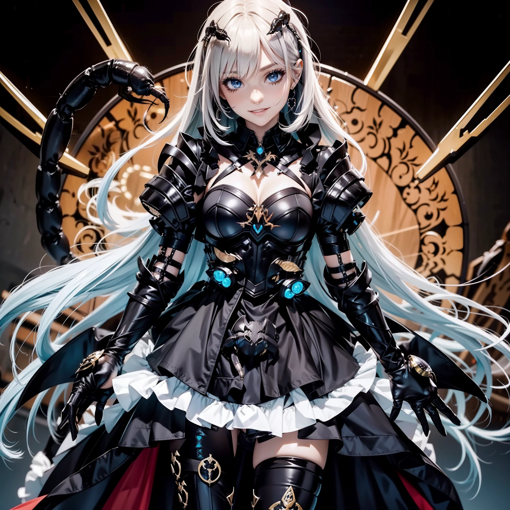 Beautiful girl fused with a scorpion. (High quality) gothic dress. body suit. cyber style. Circuit pattern. Biological Armor. fearless smile.