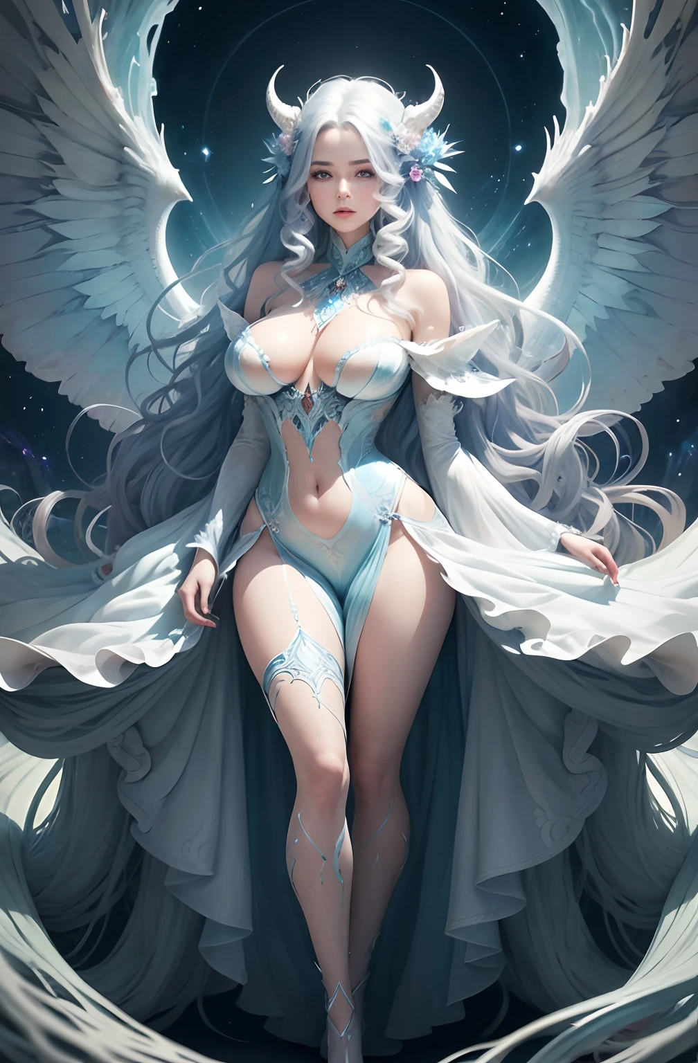 A strikingly mystical creature, extreme long symmetrical wings, blue ice wavy curl hair reminiscent of a large, magical female monster, takes center stage in this vintagepunk artwork. The image, possibly a captivating painting or a carefully captured photograph, showcases an awe-inspiring big white creature with an ethereal aura. Its mottled shade of white encompasses a weathered yet mesmerizing appearance, emanating an air of enigmatic beauty. Every minute detail of this creature's otherworldly form, from its intricate scales to its flowing mane, is portrayed with exquisite quality, capturing the viewer's attention. This artistry exudes a sense of vintage charm while simultaneously evoking a futuristic essence, lending the image a unique and captivating appeal.