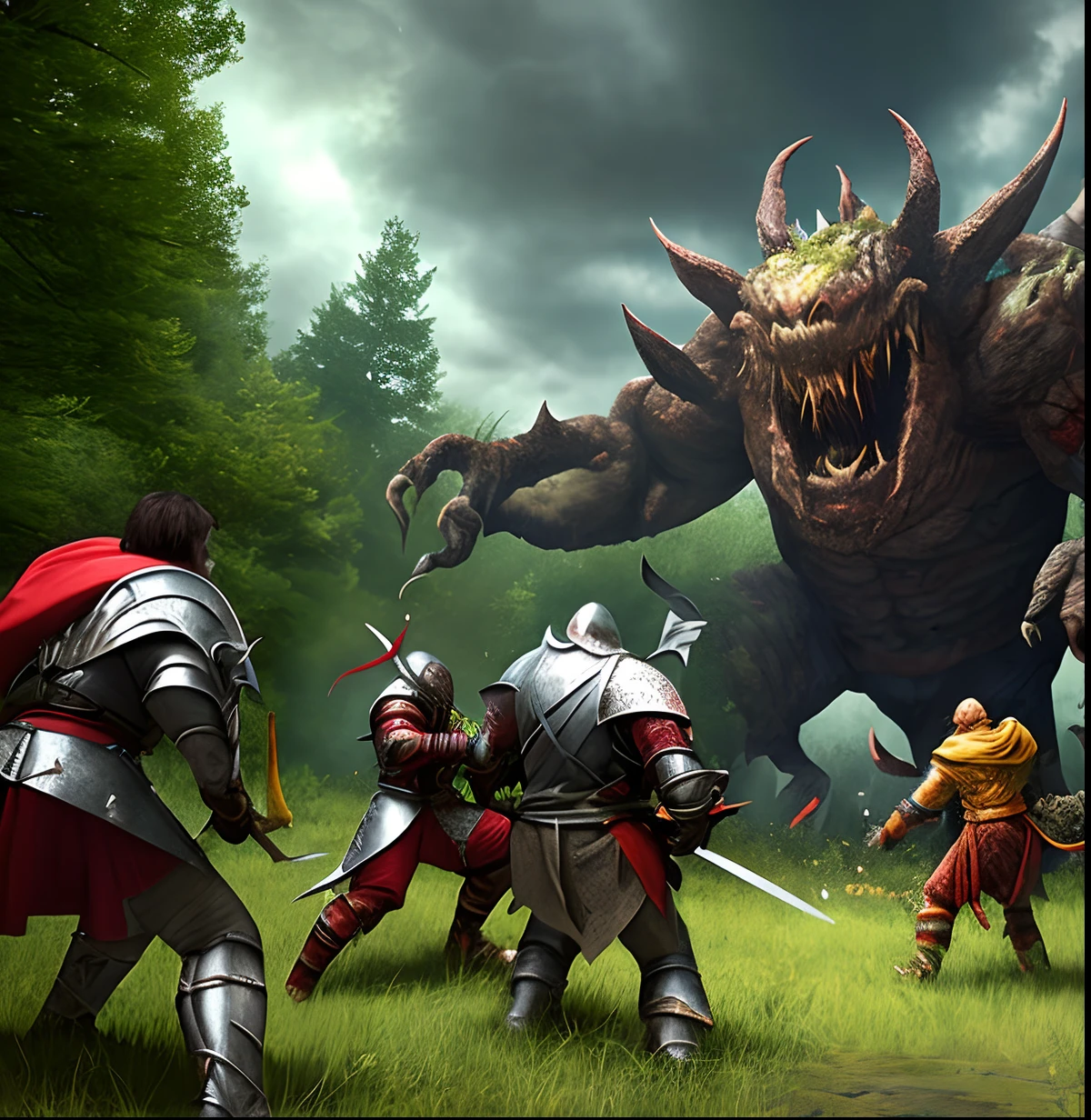 Knights fighting a huge monster. In woods