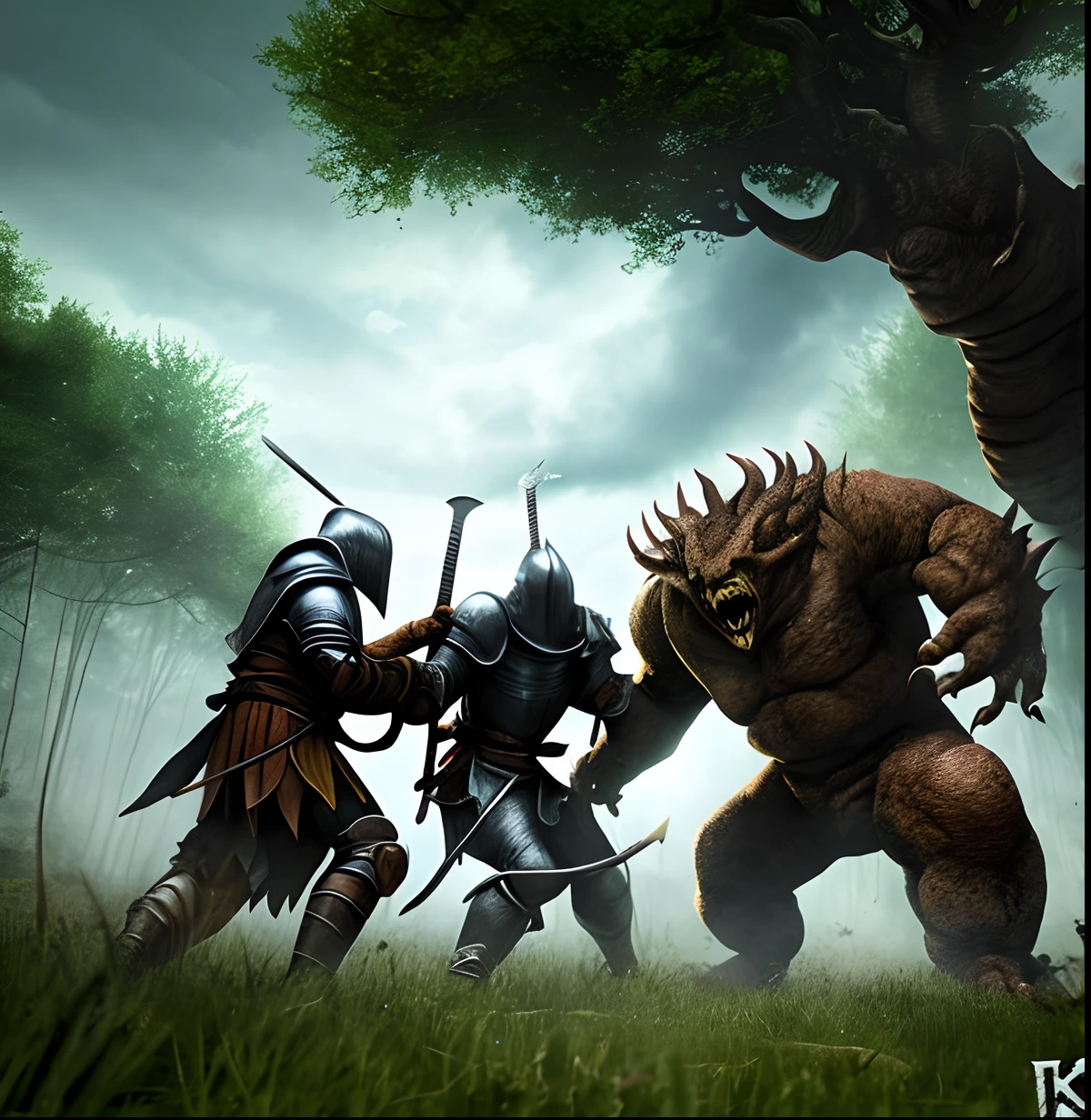 Knights fighting a huge monster. In woods
