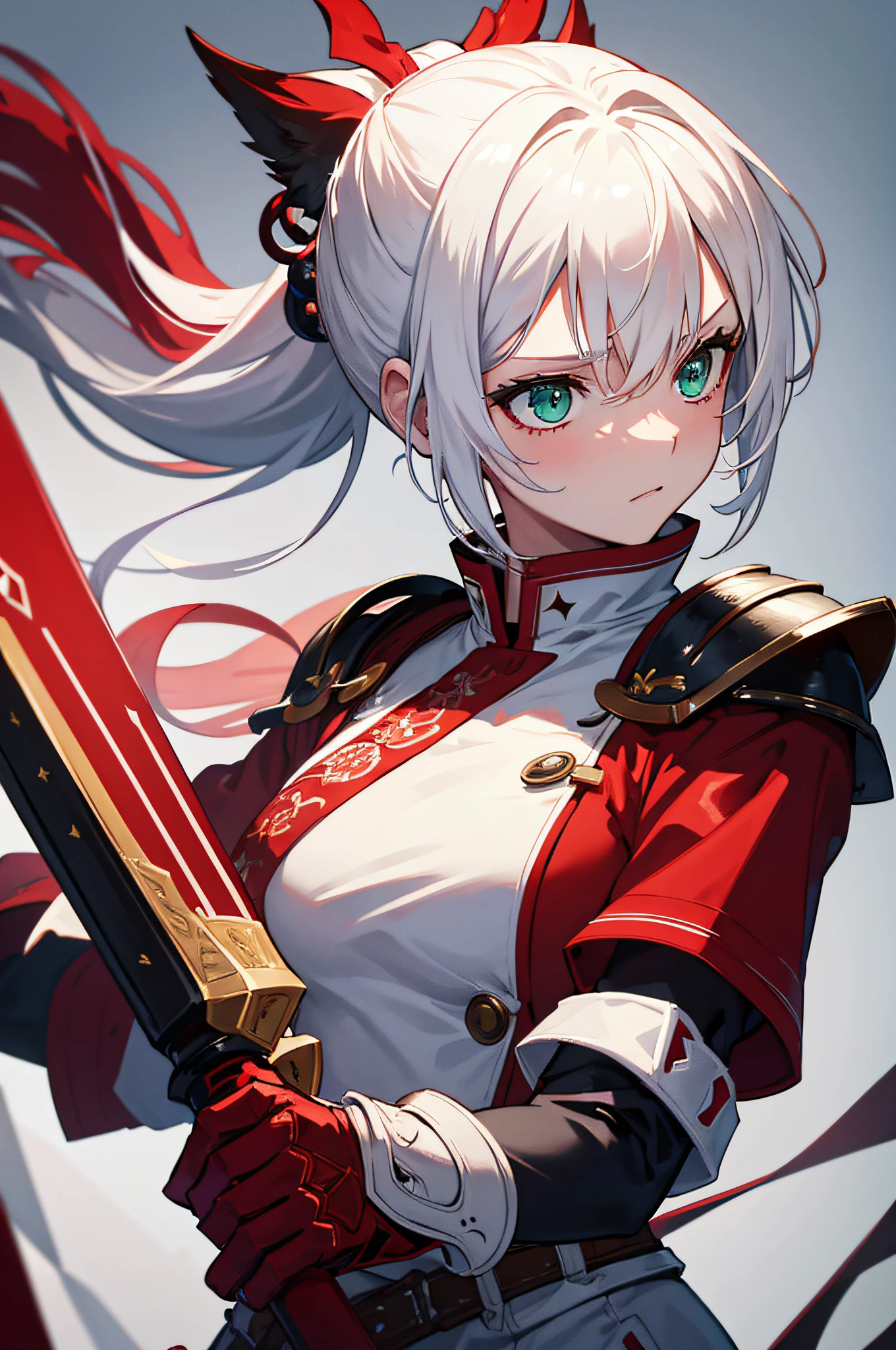 4k,hight resolution,One Woman,White hair,Short ponytail,Green eyes,Red Hero's Clothing,White samurai armor,Long red gloves,Long red boots,Black spats,Excalibur