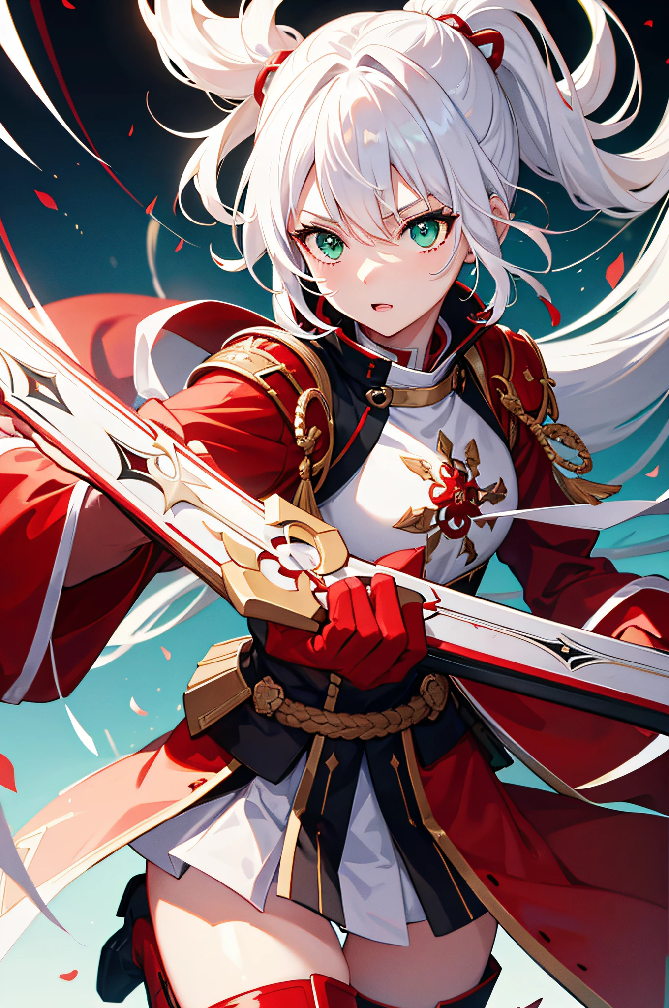 4k,hight resolution,One Woman,White hair,Short ponytail,Green eyes,Red Hero's Clothing,White samurai armor,Long red gloves,Long red boots,Black spats,Excalibur