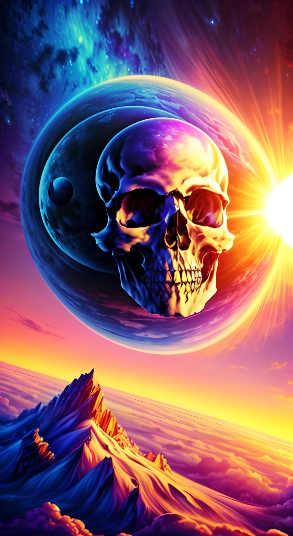 (Best quality,4K,8K,A high resolution,Masterpiece:1.2),Ultra-detailed,(Realistic,Photorealistic,photo-realistic:1.37),Colorful,Surreal,A cloud shaped like a skull,The sun and moon act as eye sockets,Dreamlike,Artistic,landscape, Vibrant colors, Ethereal lighting