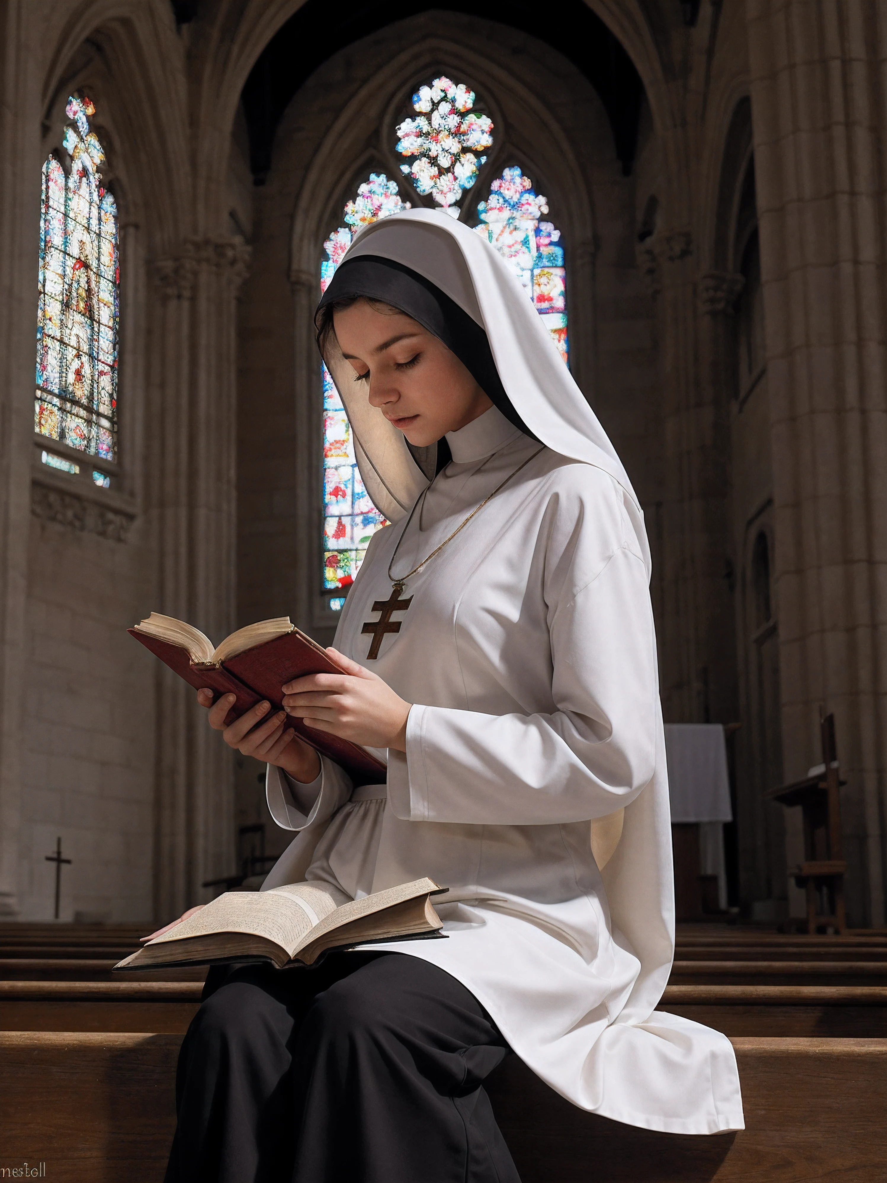 girl dressed like a nun reading a book while in a church, sweating while having an , NSFW, small oiled tits, ancient cathedral, sun rays break through the windows, Hyperdetailed photorealism, (ultra-detailed), detailed glow, ambient occlusion, f/1.8,