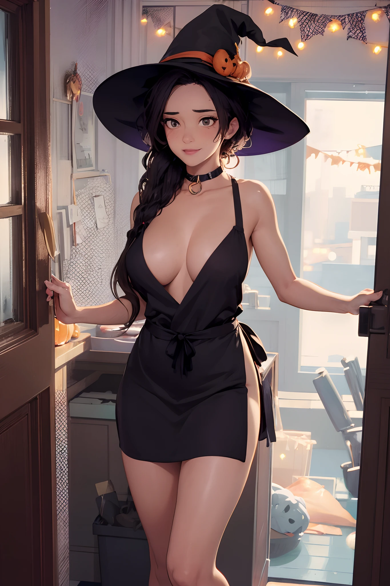 Rio naked apart from halloween apron, at door on halloween night, witch hat, holding candy, halloween night, naked under cooking apron, sexy, busty, seductive, halloween night, new york night, waiting at door