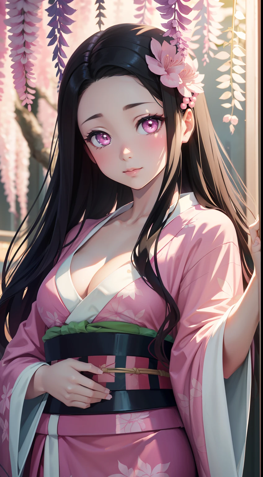 巨作, (Pink Kimono), Seductive face, Large breasts with cleavage,Good lighting, neckline, small details, 巨作, glowing eyes, 1girll, Black hair, on face, Nezuko Kamado, Wisteria wallpaper, Best Quality, Angle of view,