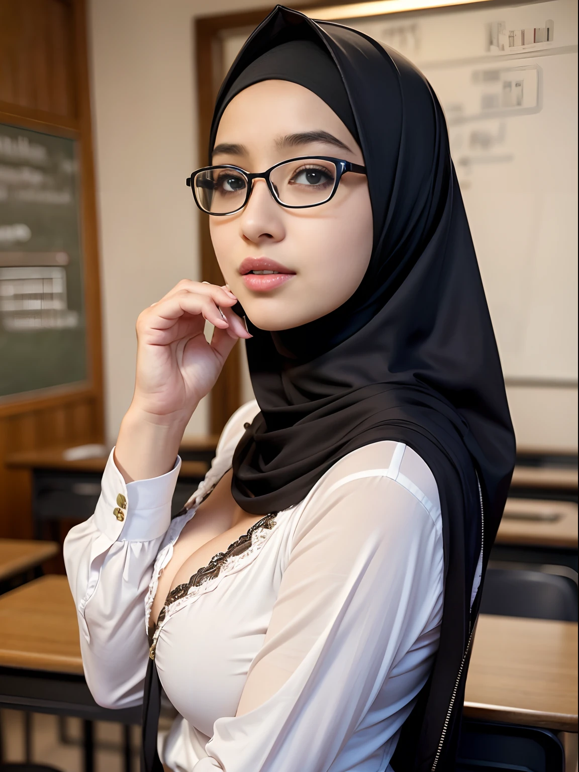 cowboy_pose,naughty, (iu:0.8),cleavage, RAW, Best quality, high resolution, Masterpiece: 1.3, Beautiful glasses sexy hijabi in elaborate school uniform, Masterpiece, Soft smile