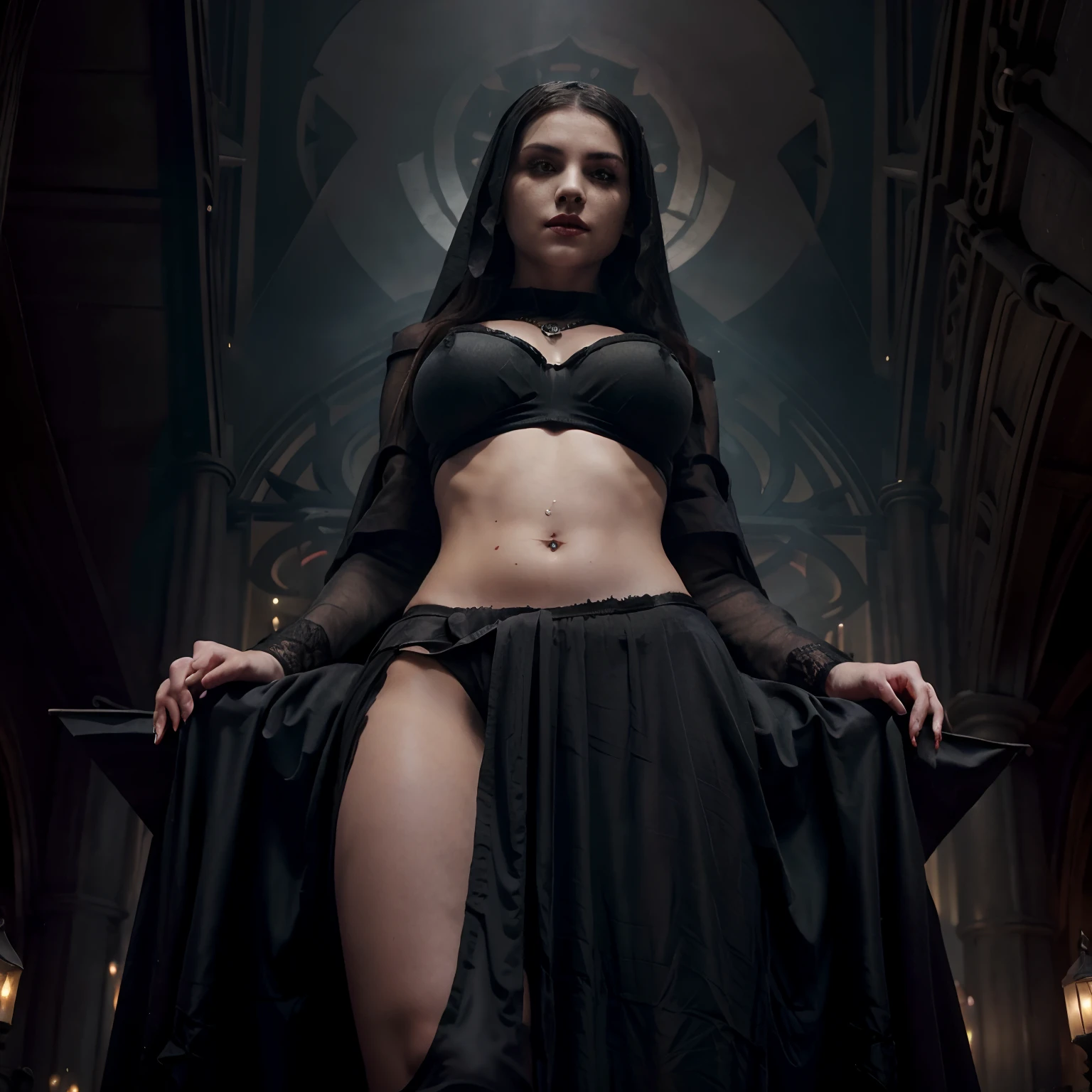 (sexy gothic demonic nun), dark, mysterious, enchanting, hauntingly beautiful, (detailed facial features, piercing eyes, dark red lips), black flowing robes, cross necklace, sensual, alluring pose, (((midriff exposed))), (((navel))), (((stomach))), (((abs))), (candlelit backdrop, ominous atmosphere), (best quality, highres, ultra-detailed), ((giantess)), ((towering over village)), 500 meters tall, (gothic art, oil painting, dark fantasy), (dramatic lighting, shadows, ethereal glow), (black and red color scheme, intense contrast), (beautifully composed, intricate details), (evokes a sense of desire and forbidden allure).