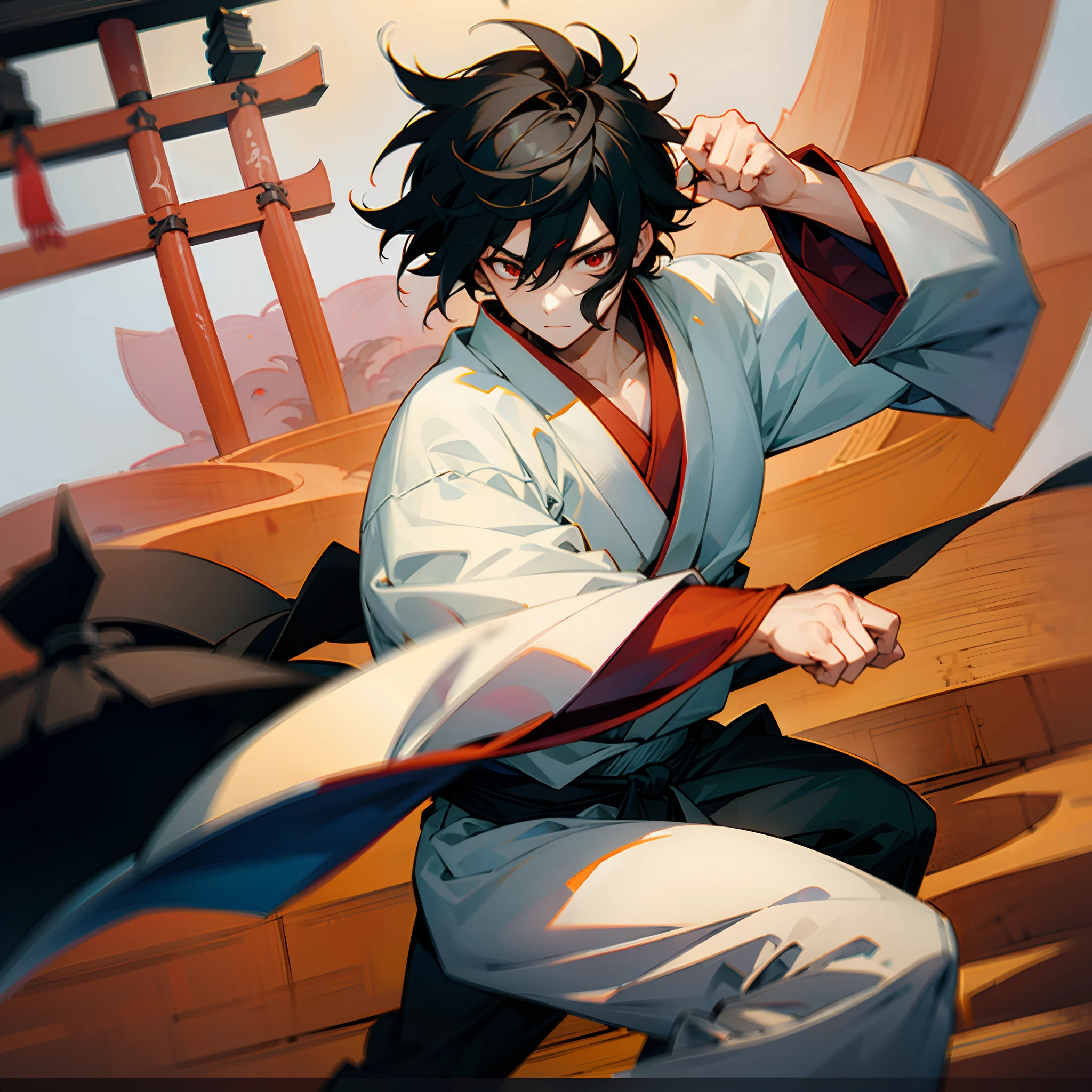 1male , Black hair , Chinese Martial Arts Gi , messy hair , Japanese Shrine Backrgound , red eyes