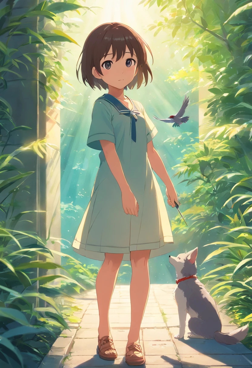 (La mejor calidad,altas:1.2),fotorrealista,anime,princesa,muchacha,vestido blanco,little guy,Bonito,perro de dibujos animados,(Girl Lowered Holding A Small Injured Bird)in your handsRio Claro,selva tropical,luz solar,contacto visual