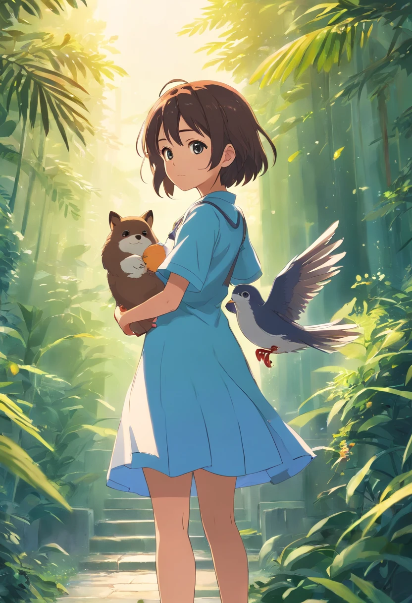 (La mejor calidad,altas:1.2),fotorrealista,anime,princesa,muchacha,vestido blanco,little guy,Bonito,perro de dibujos animados,(Girl Lowered Holding A Small Injured Bird)in your handsRio Claro,selva tropical,luz solar,contacto visual