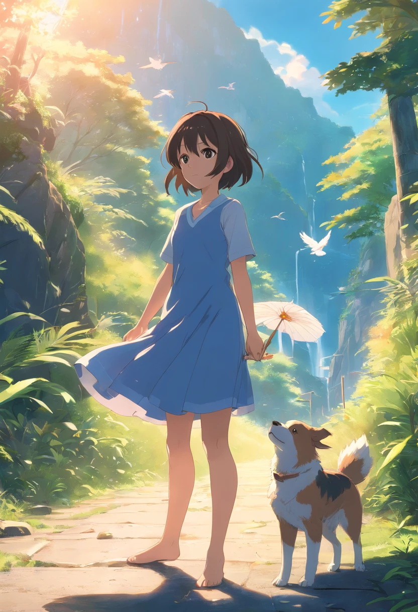(La mejor calidad,altas:1.2),fotorrealista,anime,princesa,muchacha,vestido blanco,little guy,Bonito,perro de dibujos animados,(Girl Lowered Holding A Small Injured Bird)in your handsRio Claro,selva tropical,luz solar,contacto visual