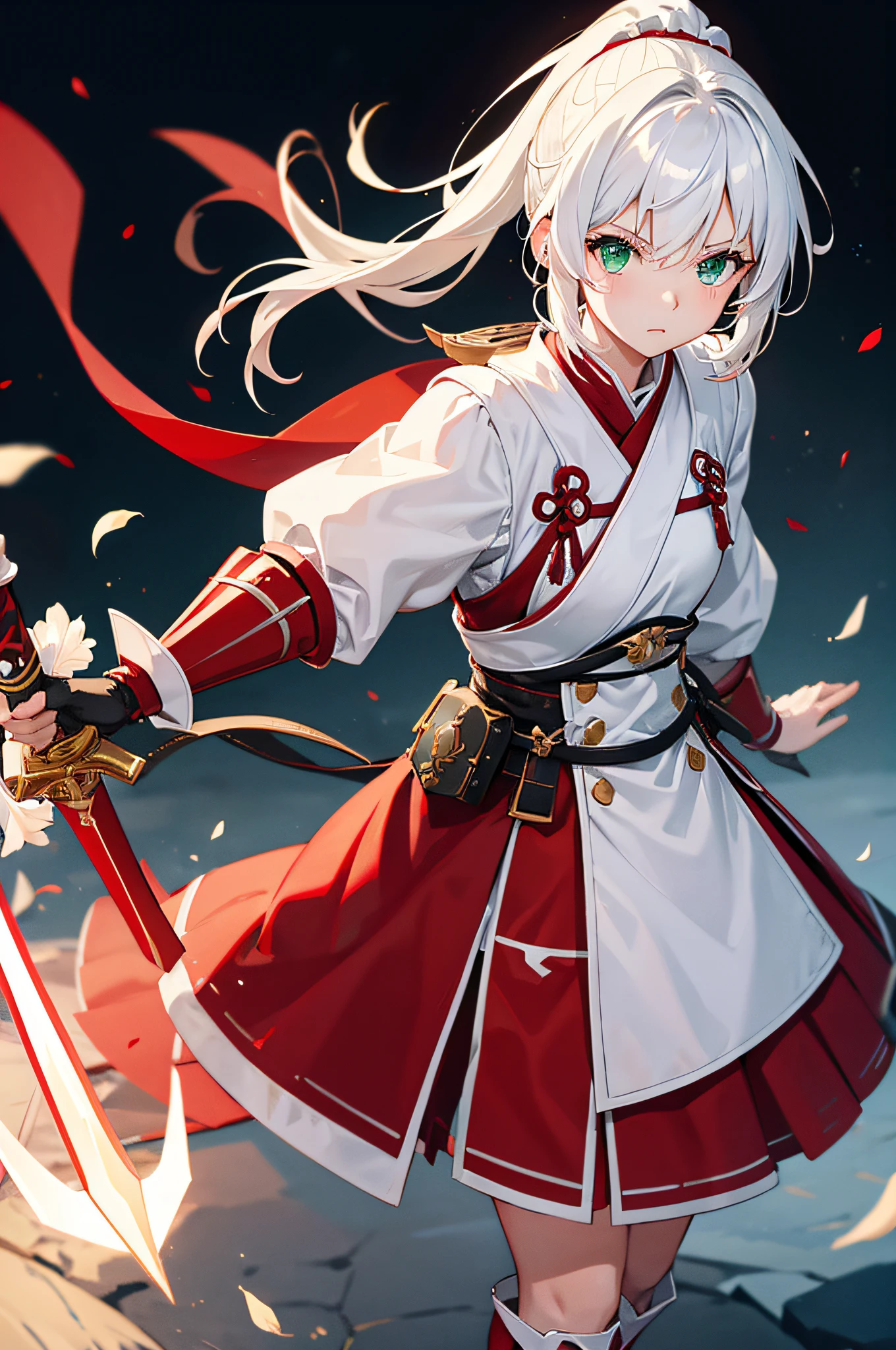 4k,hight resolution,One Woman,White hair,Short ponytail,Green eyes,Red Hero's Clothing,White samurai armor,Long red gloves,Long red boots,Black spats,Excalibur