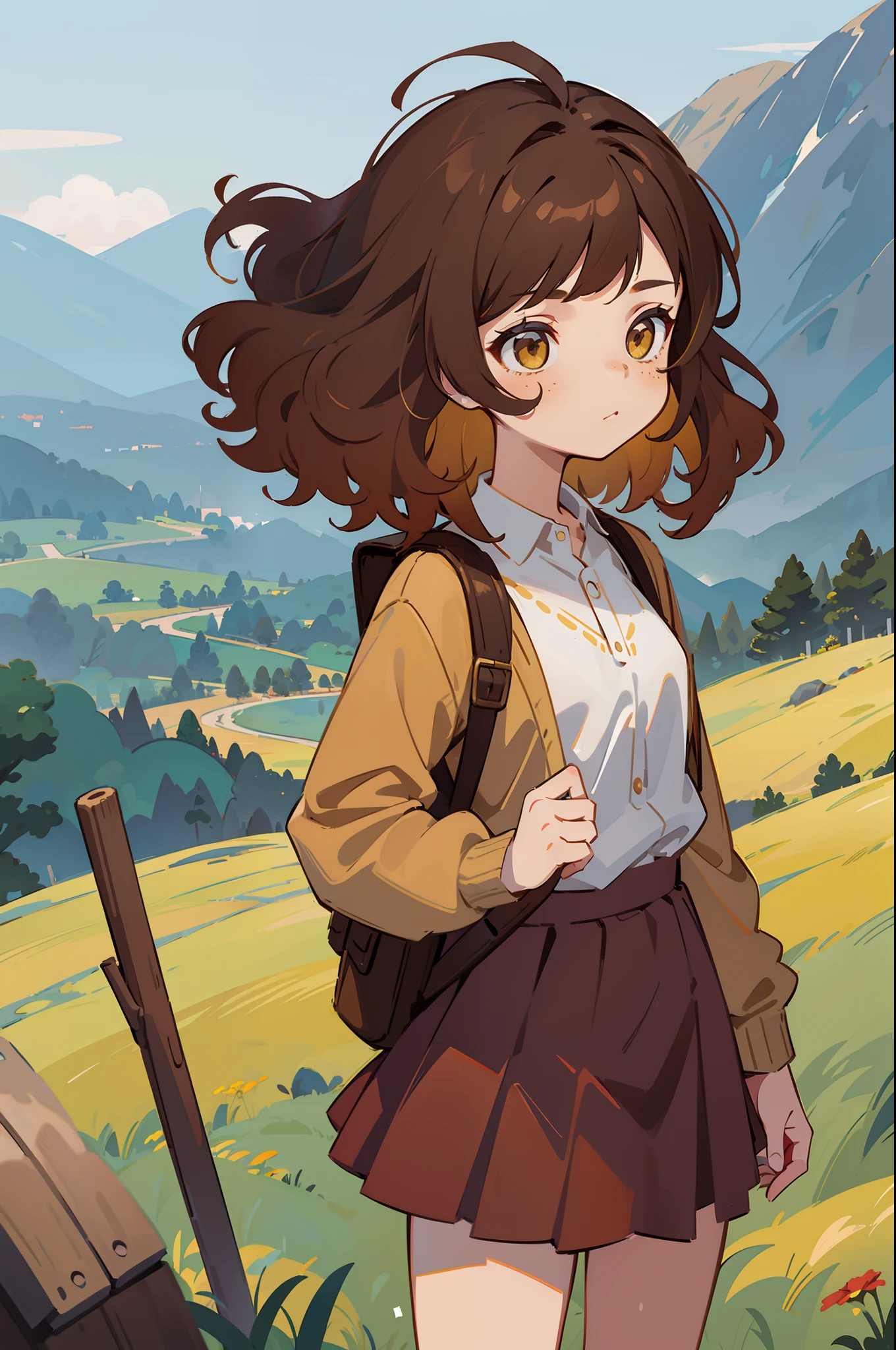 1girl, solo, character illustration, (chocolate colored skin:0.5), (brown hair, dark yellow hair, gradient hair:1.2), curly hair, messy hair, freckles, amber eyes, grown woman, small breasts, (red stripless shirt), gray cardigan, mini backpack, plain suit skirt, dark blue skirt, outdoors, mountain scenery, city behind, fields, dawn, beautfiful red skirt, masterpiece, illustration, trending on Artstation, colorful, very colorful