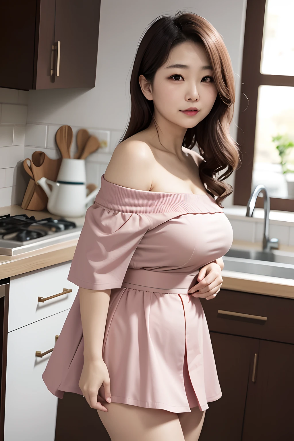 Beautifull, mother-in-law, japanese, off shoulder, seductive expression, in the kitchen, voluptuous, conquer circle skirt pattern,
