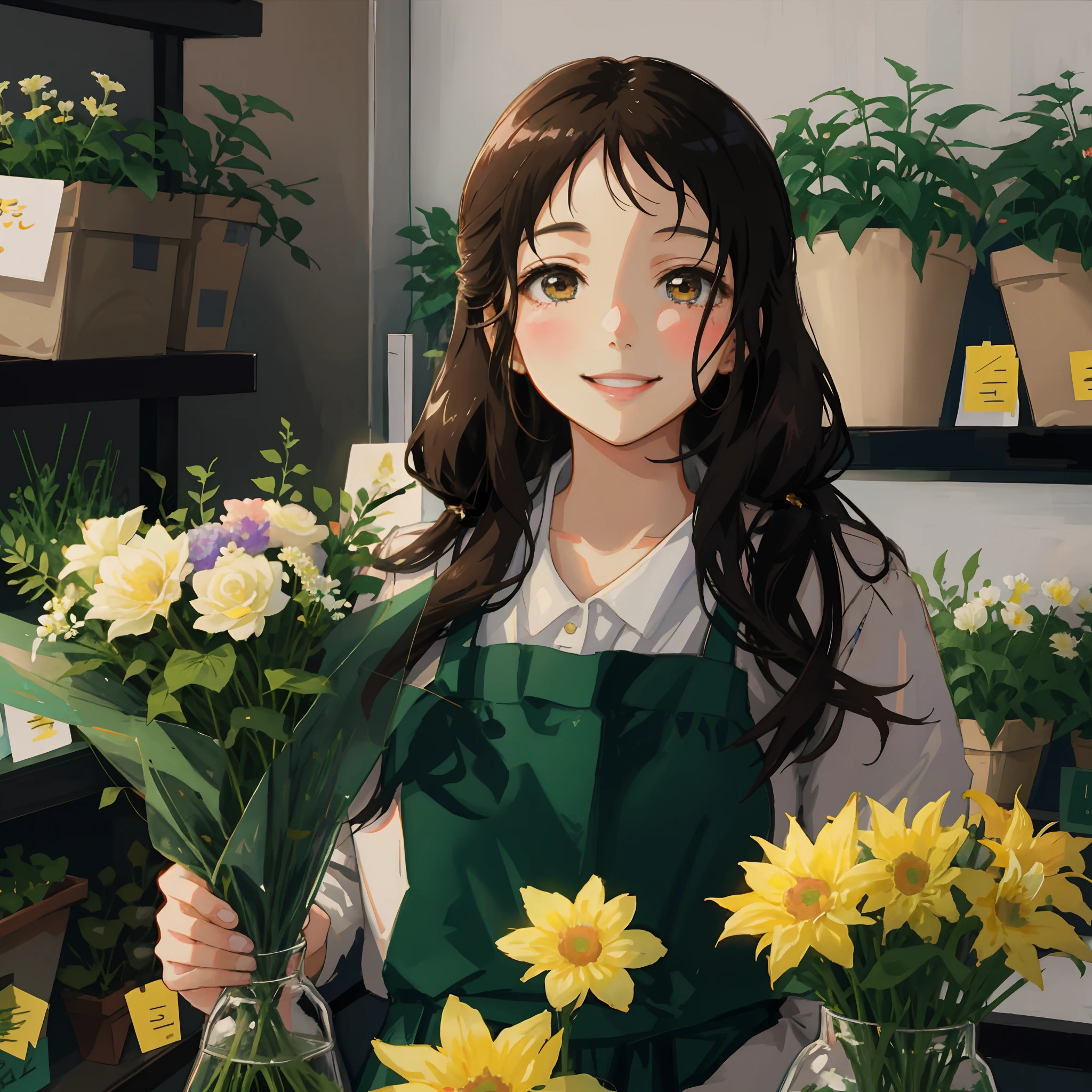 there is a cute anime girl holding a vase of flowers in a flower shop,  with flowers, attractive girl, smiling at the viewer, looking at the viewer, forehead, no hairbangs flower shop scene, medium portrait