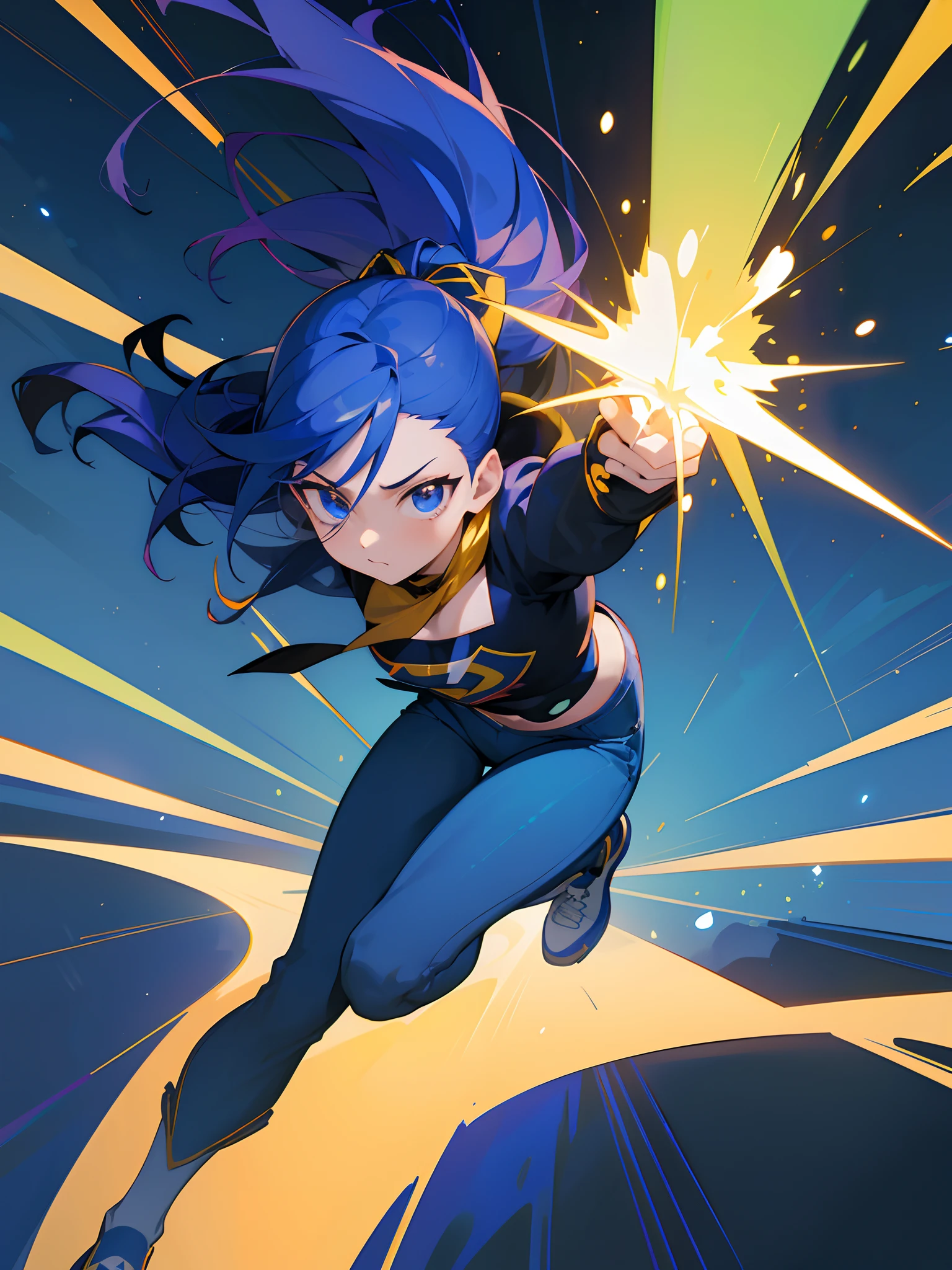 (title: painel "The clumsy superheroine" 1:   superheroine, Chamar "Desastroilda", Flying through the night sky against a lamppost, causing an explosion and leaving the street completely dark, Roupa jeans azul claro, camiseta preta lisa, white allstar sneakers, capa cor de mostarda, Easy expression of fright ) verde e roso cabelo undercut azul, olhos grande estilo manga anime, aplicar: Main Reason Golden Point in the Eye, modelo base SD 1.5, White Flat Persona Coloring, arte perfil Yoshihiro Togashi (profundidade da tela)  (Easy expression of fright) (Scene 1The scene shows the Superheroine, Chame "Desastronilda", Flying through the night sky with your cape flowing). (scene 2 When passing by a building, ela acidentalmente se esbarra em um poste de luz), (Scene 3 causing an explosion and making the street all dark. Desastronilda (surpresa): (4"Jantar Opa! I think my superpower is causing blackouts...)