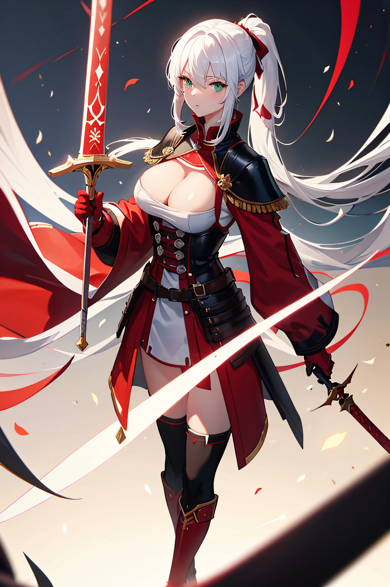 4k,hight resolution,One Woman,White hair,Short ponytail,Green eyes,large full breasts,Red Hero's Clothing,White samurai armor,Long red gloves,Long red boots,Black spats,Excalibur