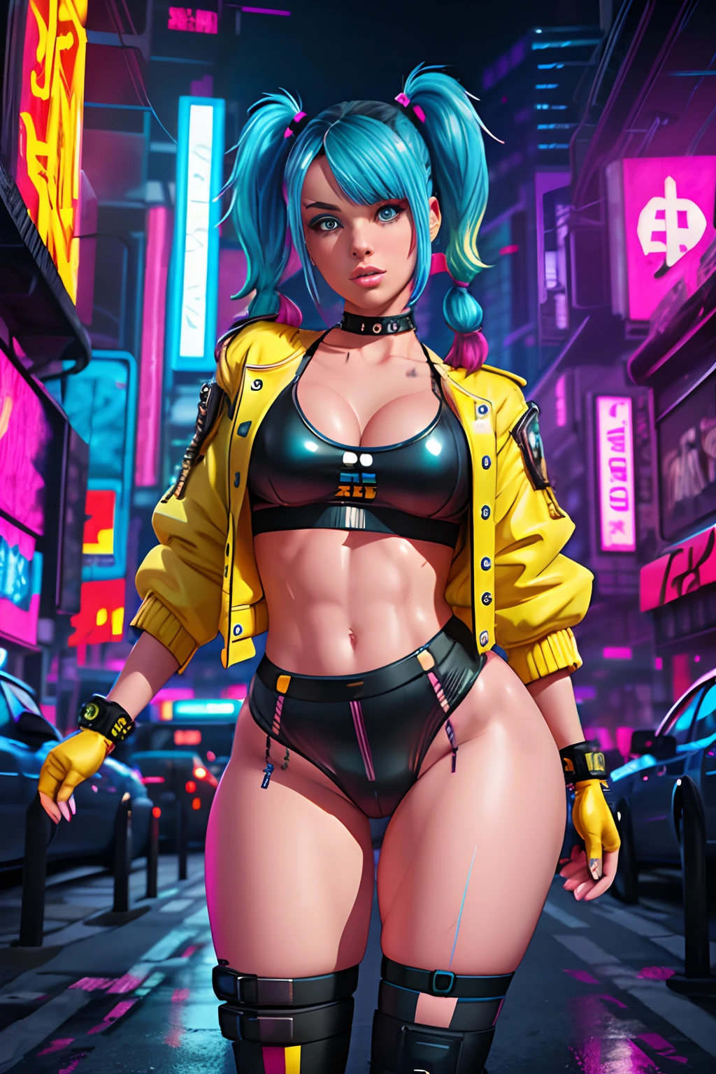 multicolored hair styled in twintails, (cyberpunk style:1.2), Wide hips, thick thighs, detailed, high resolution, masterpiece, high waist panties, crop top, fingerless gloves, [Margo Robbie], bright Jacket, glowing skin, (Plump lips:1.0), kukri, neon eyes, abs, (thepit bimbo:1.2),