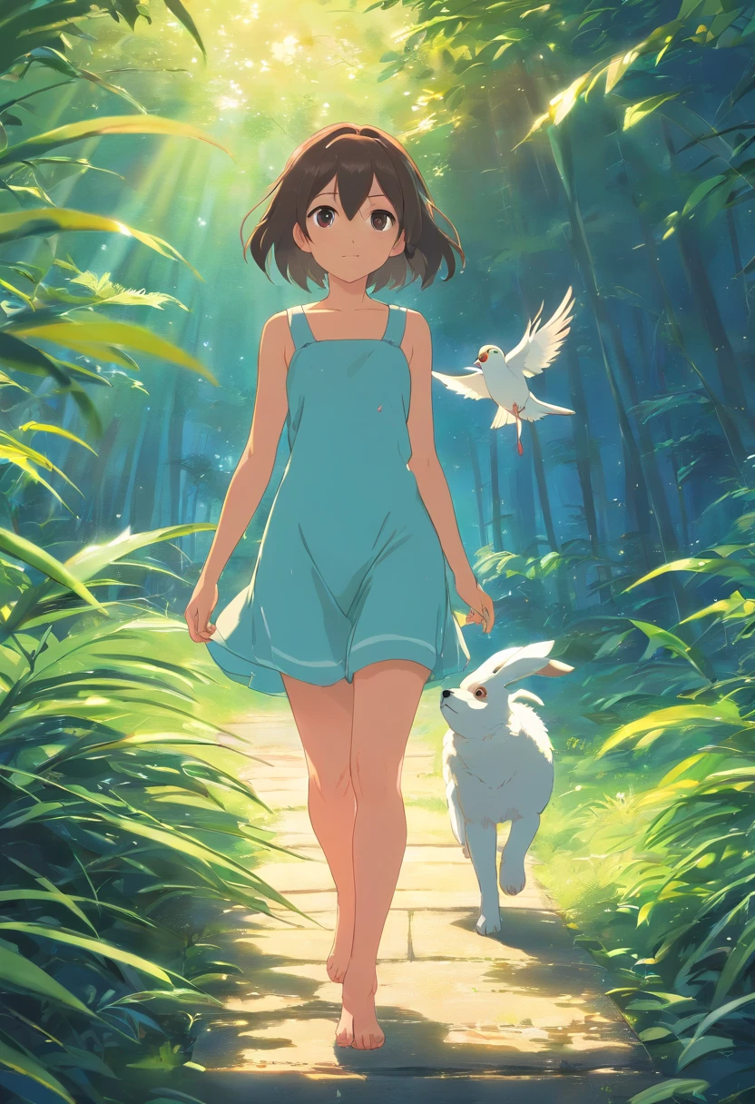 (La mejor calidad,altas:1.2),fotorrealista,anime,princesa,muchacha,vestido blanco,little guy,Bonito,perro de dibujos animados,(Girl Lowered Holding A Small Injured Bird)in your handsRio Claro,selva tropical,luz solar,contacto visual